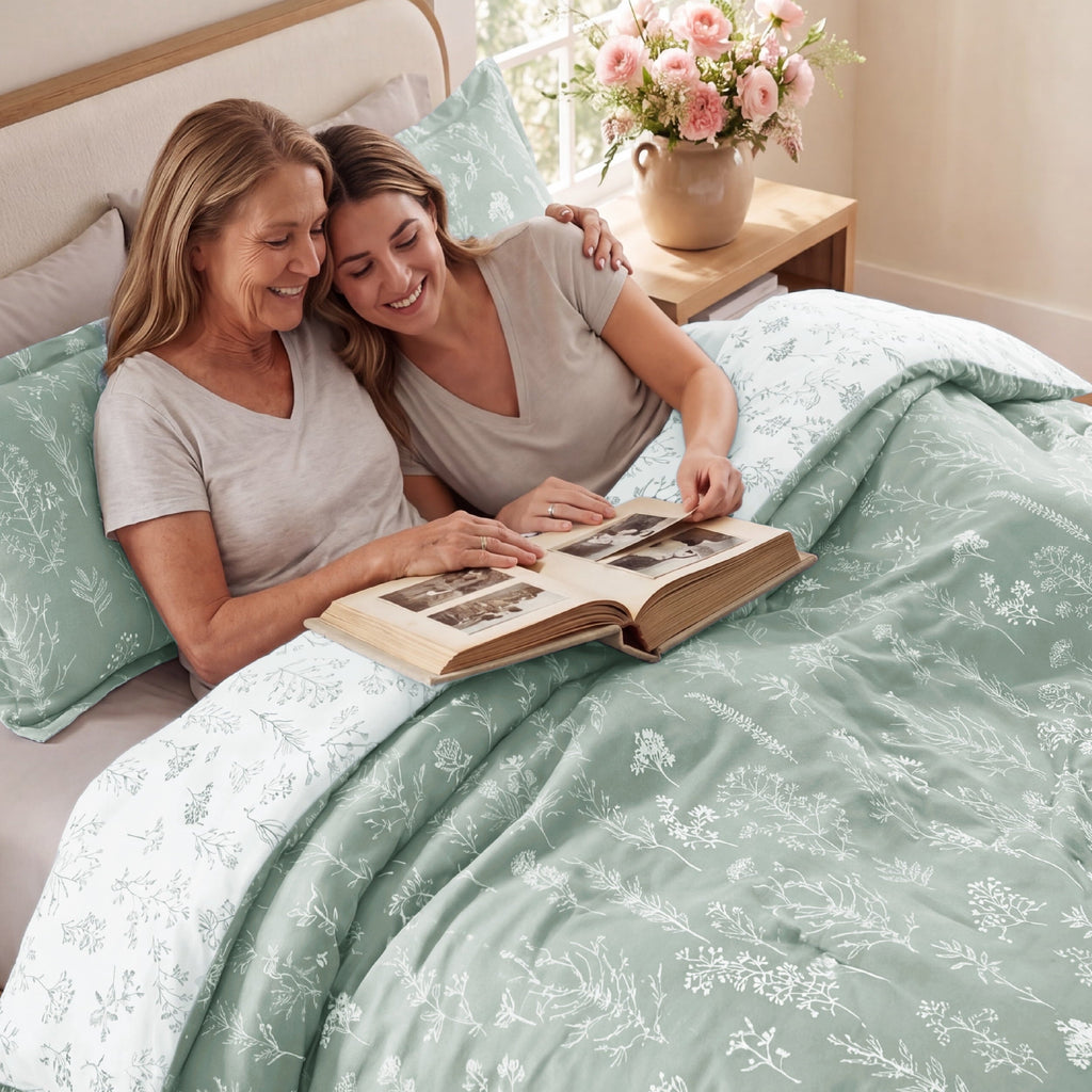 Fluffy Down Alternative 3 Pieces Sage Green Queen Size Comforter Sets, Cute Flowers Botanical Lightweight Soft Bedding Set with 2 Pillow Shams - All-Season Down Alternative Comforter Insert Detail