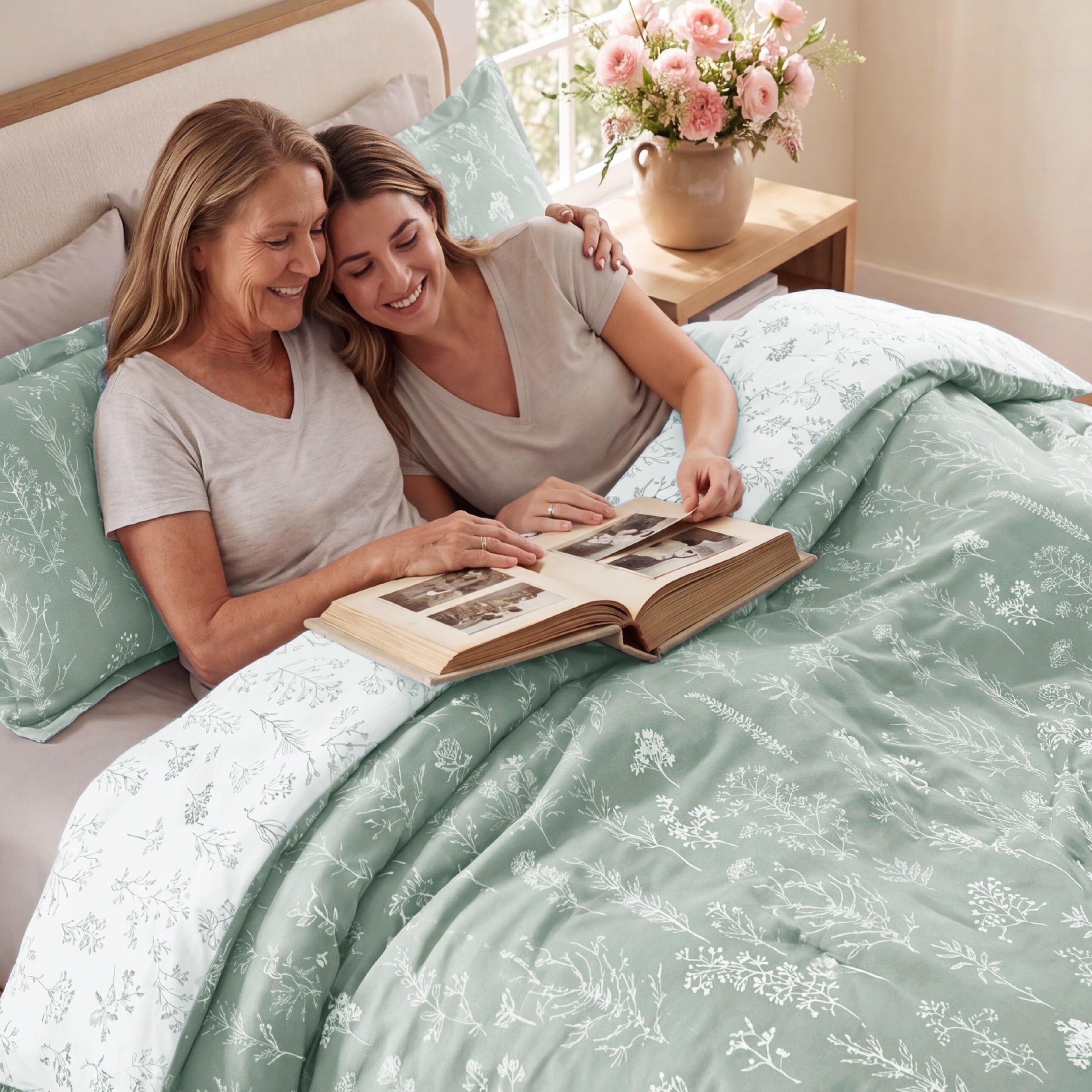 Fluffy Down Alternative 3 Pieces Sage Green Queen Size Comforter Sets, Cute Flowers Botanical Lightweight Soft Bedding Set with 2 Pillow Shams - All-Season Down Alternative Comforter Insert Detail
