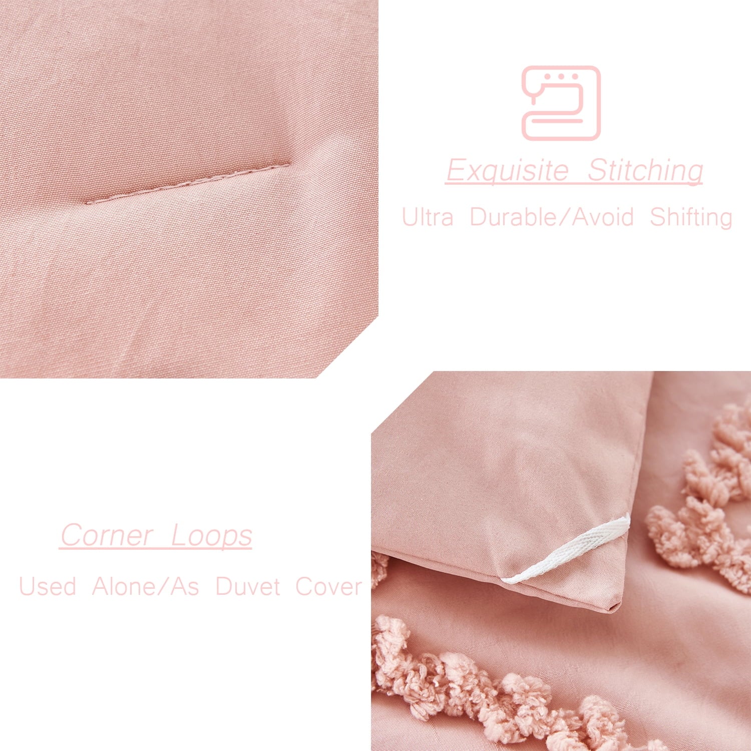 Heavyweight Warmth Pink Diamond Jacquard Comforter Set Queen 3 Pcs Bohemian Tufts Quilt Set for Kids Girls Adult 100% Soft Microfiber Be... - Luxurious Quilted Duvet Cover Set Detail