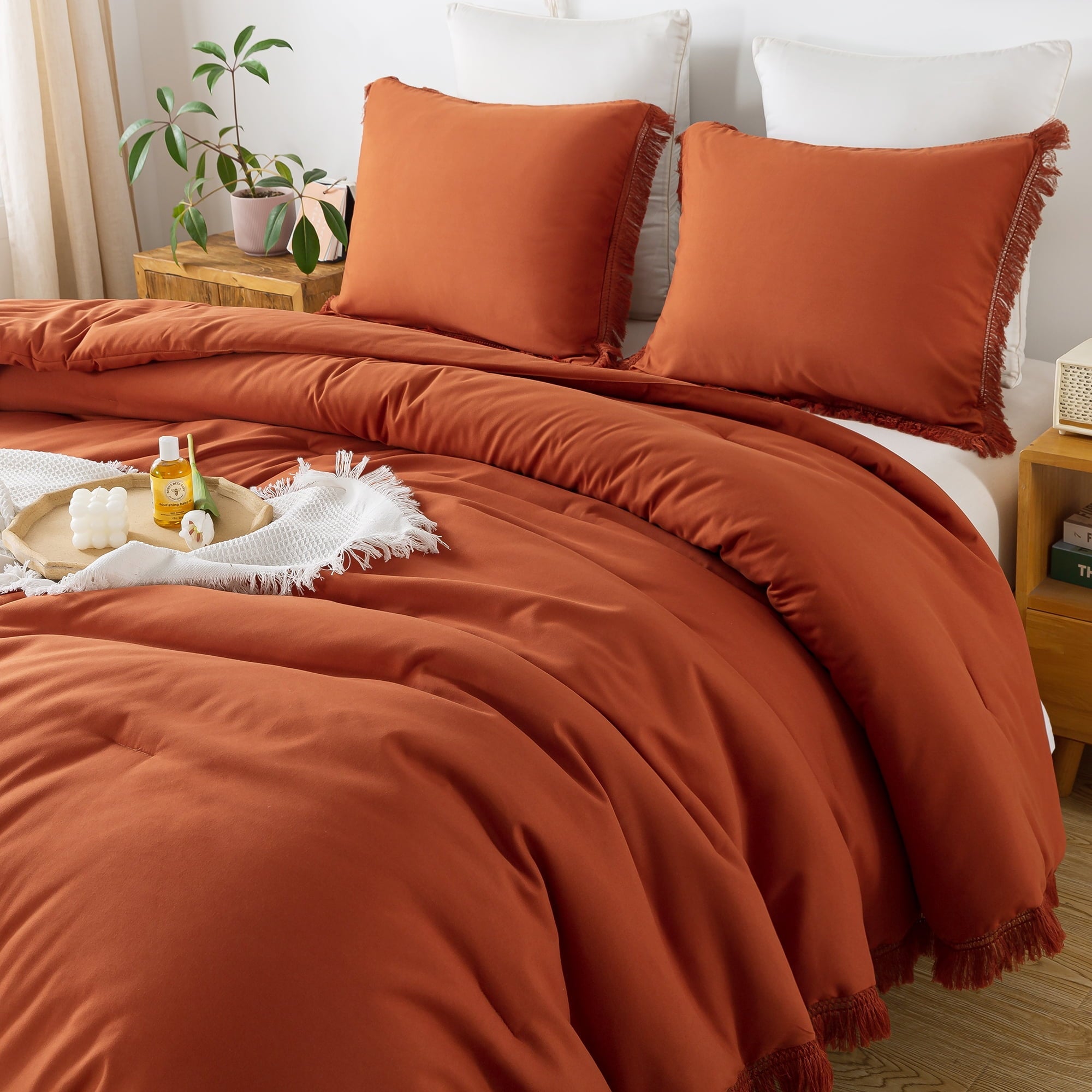 Fluffy Down Alternative King Size Comforter Sets Burnt Orange, 3 Pieces Soft Fluffy Boho Bedding Comforter Sets for King Bed, All Season Terr... - Hypoallergenic Ultra-Fluffy Quilt for Winter Detail