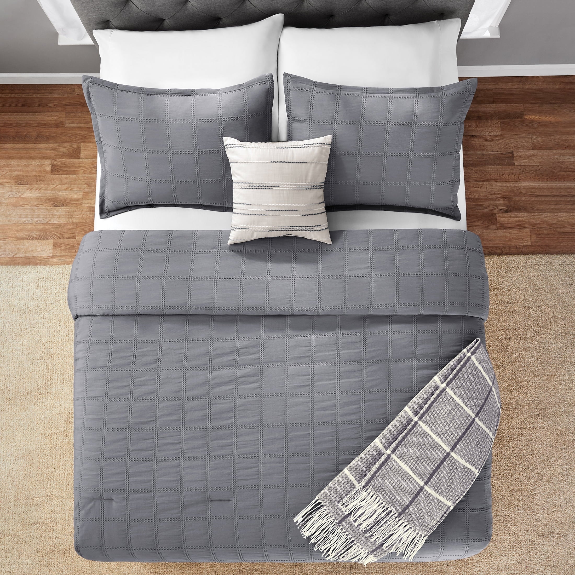 Hypoallergenic Cloud Full/Queen Comforter Set, All-Season, 5-Piece, Grey Waffle Check - Hypoallergenic Ultra-Fluffy Quilt for Winter Detail