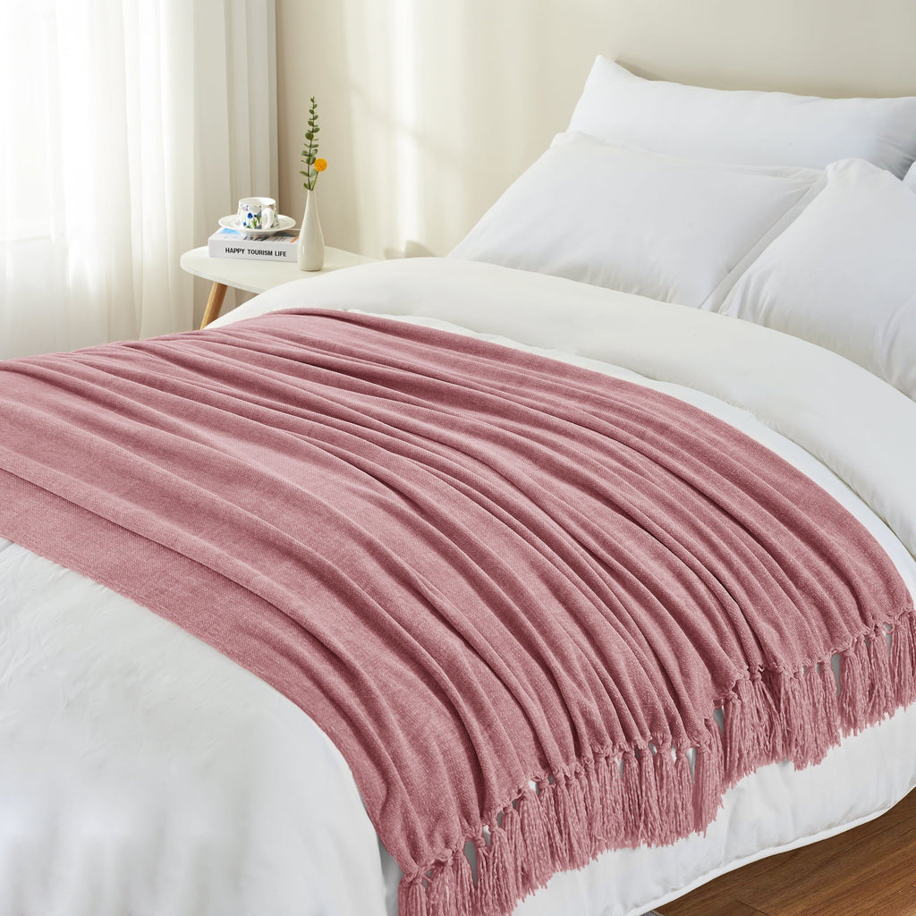 Reversible Sherpa Chenille Throw Blanket with Fringe Tassel for Couch Sofa Chair Bed, Mauve 50" X 70" - Luxury Knitted Decorative Throw Blanket with Fringes Detail