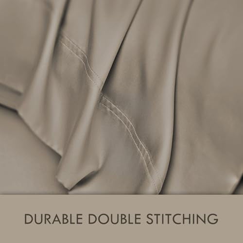 Cooling Sateen Home 4-Piece Queen Bamboo Bed Sheet Set, 100% Organic Cooling Fabric, 16" Deep Pocket, Taupe - Luxury Bed Sheet Set with Deep Pockets Detail