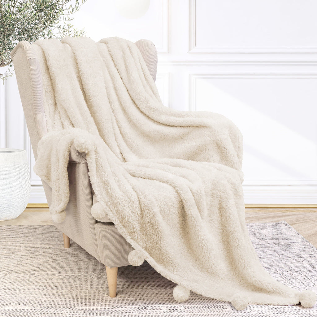 Lightweight Warm Ivory Cream Sherpa Throw Blanket with Soft Pom Pom Fringe, Plush Cozy Warm Blankets for Couch Bed Sofa, Fuzzy Fleece ... - Super Soft Reversible Sherpa Flannel Blanket Detail