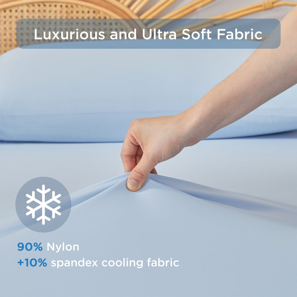 Cooling Sateen Full/QueenSize Sheet Set, 3 Piece Cooling Bed Sheet with Deep Pocket for Hot Sleepers, Ice Blue - Cooling Hotel Quality Bedding Sheets and Pillowcases Detail