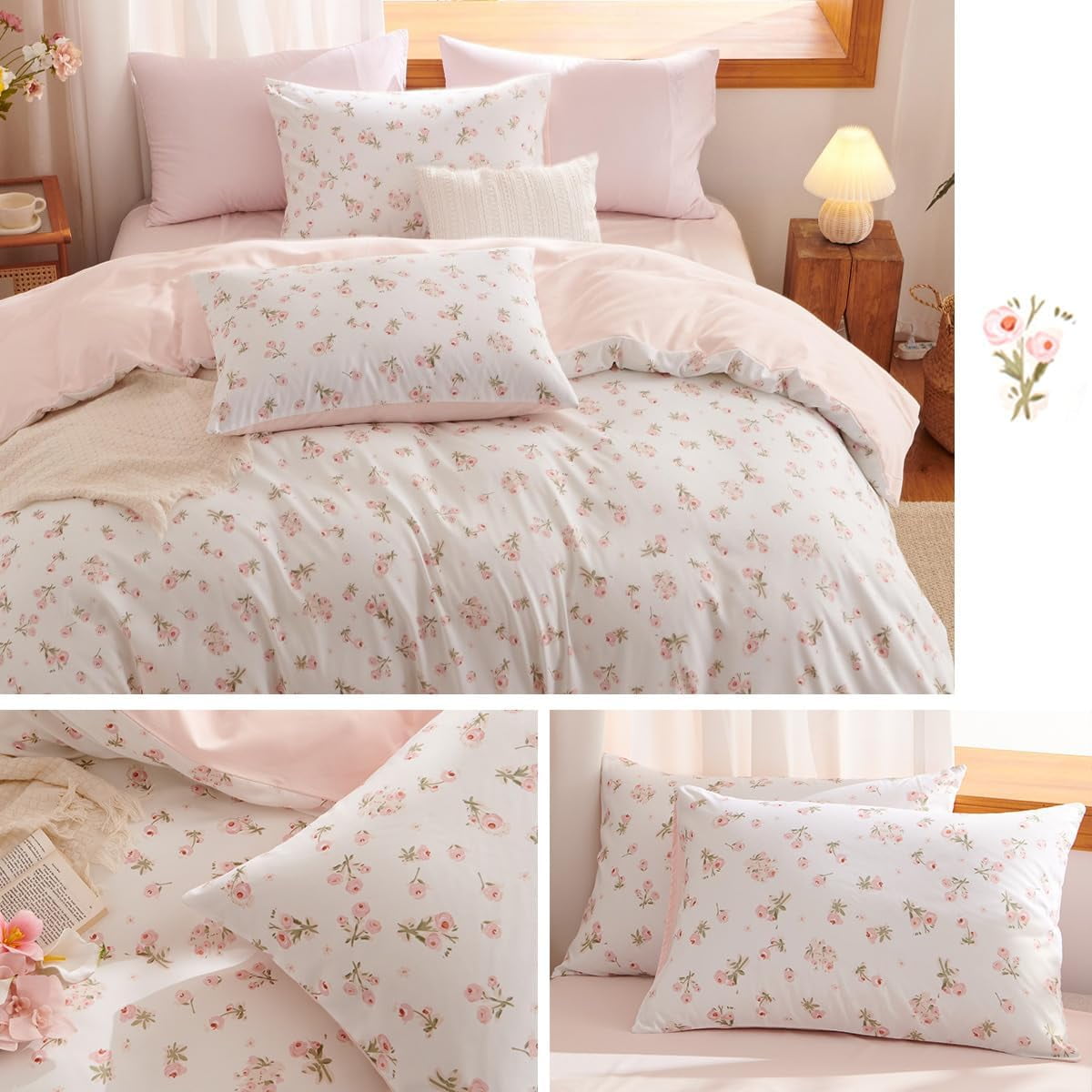 Luxurious Quilted Pink loyalty Floral Comforter Queen Sets, 3 Pieces Chic Botanical Pink White Floral Reversible Comforter for All Season - Cloud-Like Soft Lightweight Bed Comforter Detail