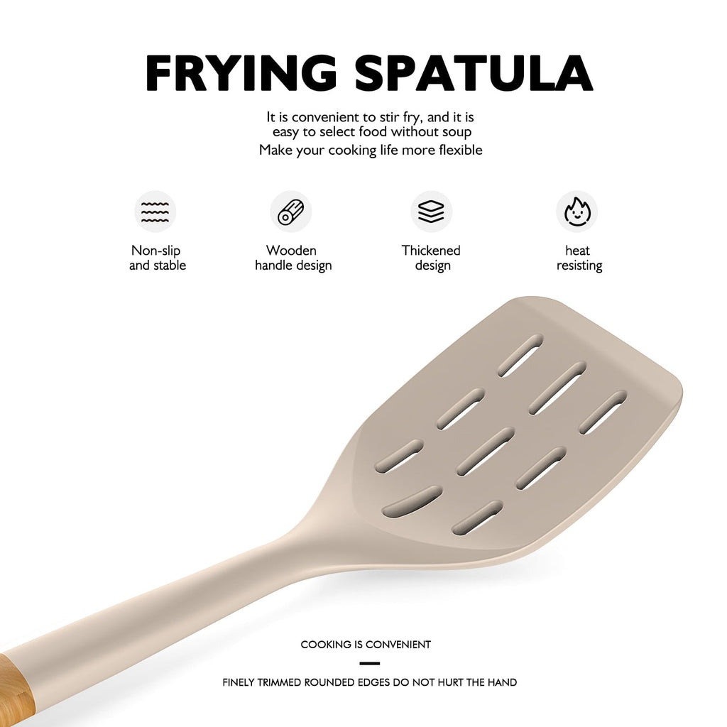 Heavy Duty Large Silicone Cooking Utensils - Heat Resistant Kitchen Utensil Set with Wooden Handles, Spatula,Turner, Slotted Spo... - High-Precision Culinary Tool for Baking & Cooking Detail