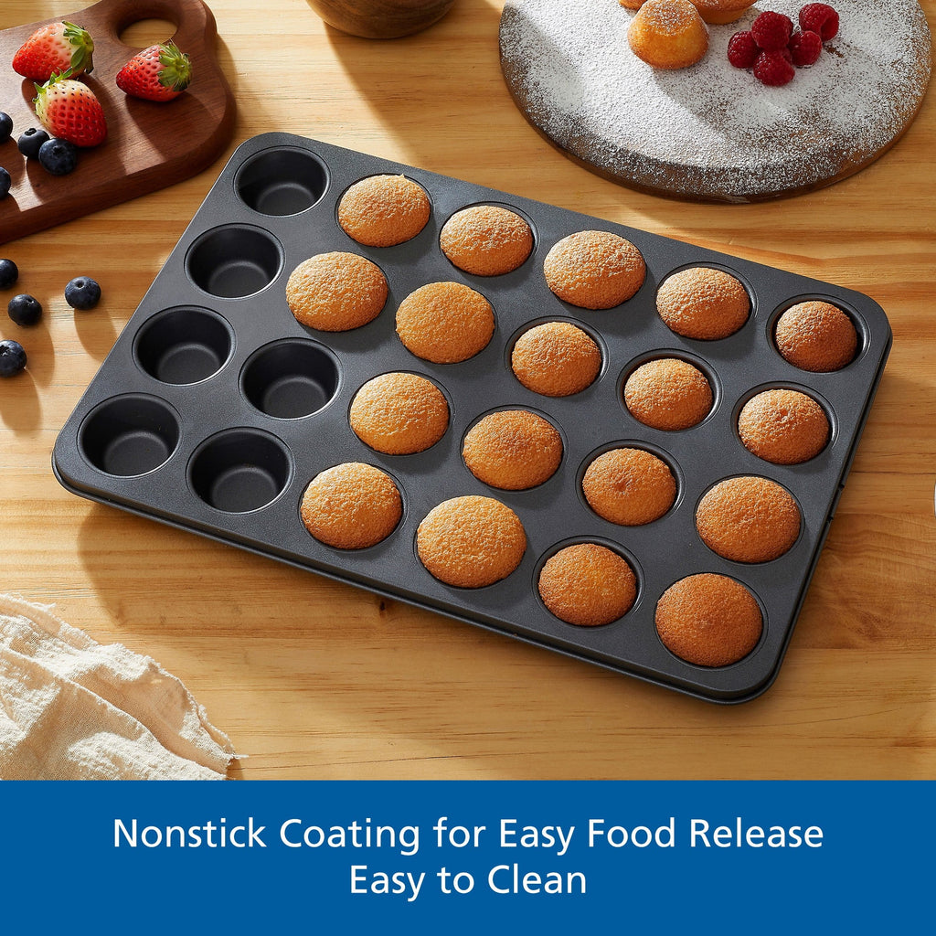 Premium Kitchen 24 Cavity Mini Muffin Pan, Non-Stick Bakeware,1.8 inch Diameter Cups,Gray,Carbon Steel - Premium Stainless Steel Garlic Presser & Peeler Detail