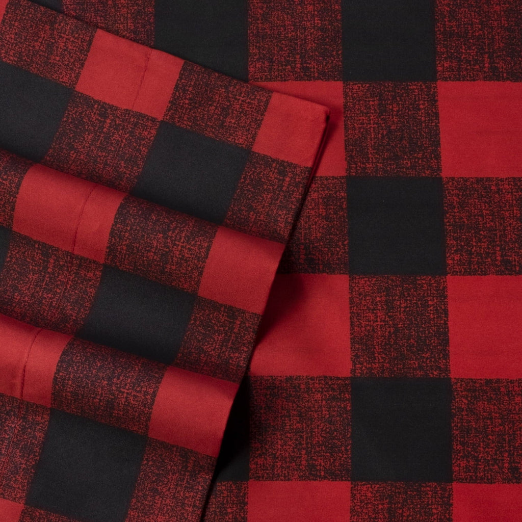 Wrinkle-Resistant Buffalo Plaid Black and Red 4 Piece Bed Sheet Set - Twin - Cooling Hotel Quality Bedding Sheets and Pillowcases Detail