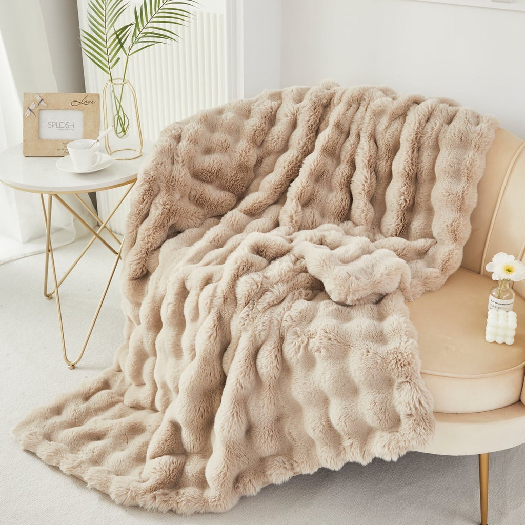 Decorative Knitted Taupe Faux Fur Bubble Blankets for Couch Chair Sofa Luxury Fluffy Thick Bubble Throw Blanket Furry Blanket Fuzzy Soft... - Luxury Knitted Decorative Throw Blanket with Fringes Detail