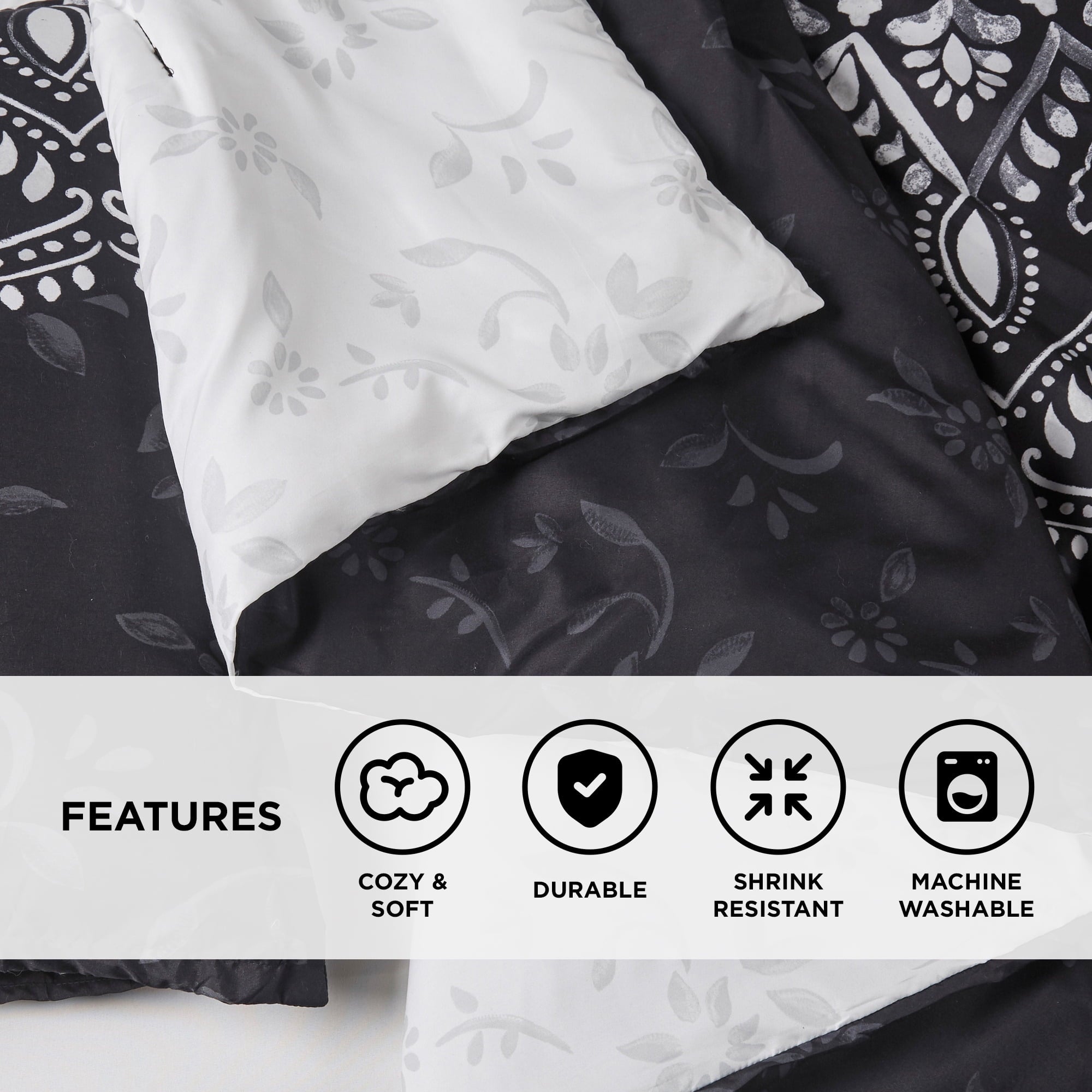 All-Season Queen Comforter Set, Bedding Comforter Set Queen Size W/ Side Pockets, Black, 9 Pieces - Hypoallergenic Ultra-Fluffy Quilt for Winter Detail