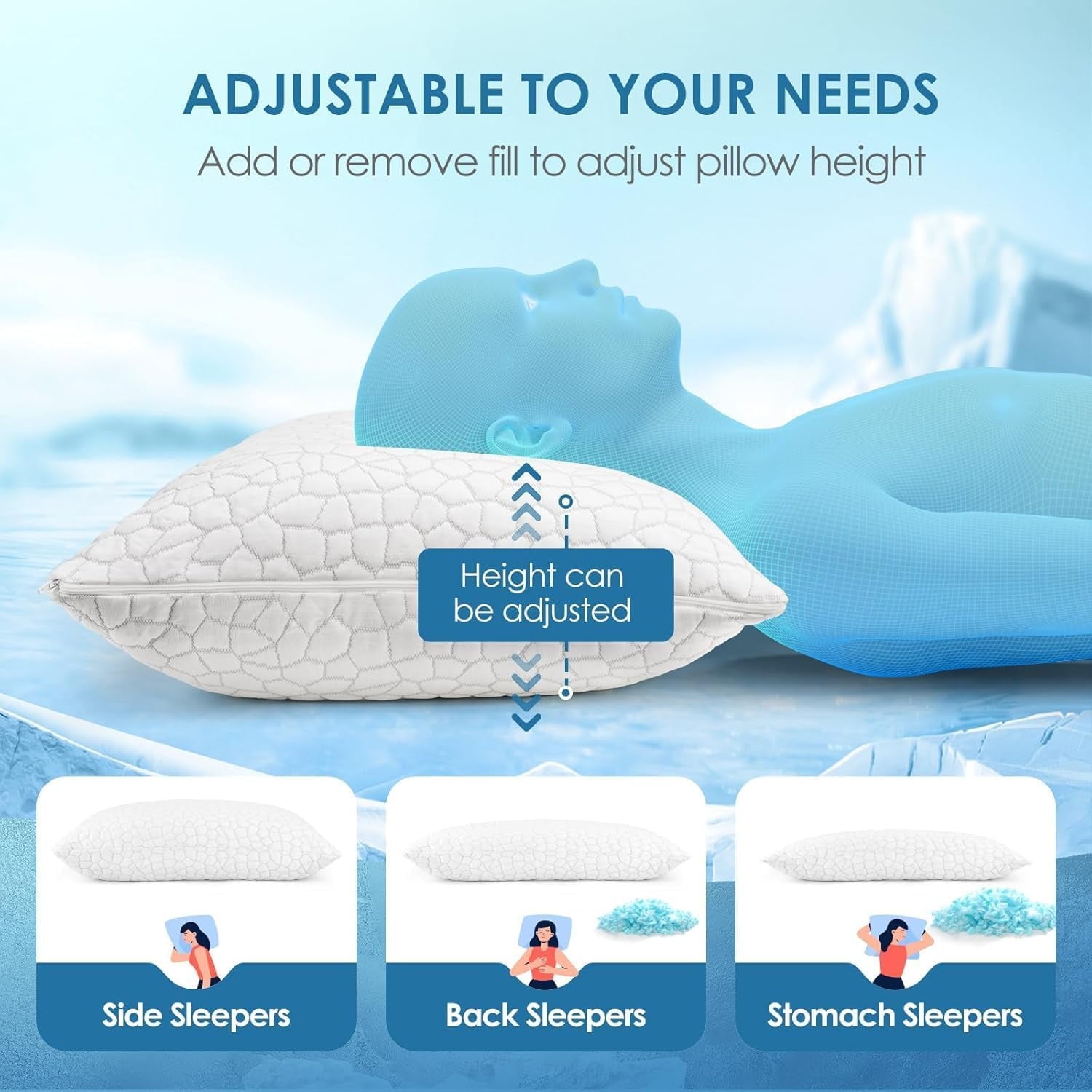 Ergonomic Memory Foam Cooling Bed Pillows Queen Size Set of 2, Shredded Memory Foam Pillows for Sleeping 2 Pack, Adjustable Soft Firm Pillo... - Orthopedic Shredded Foam Bed Pillow Set Detail
