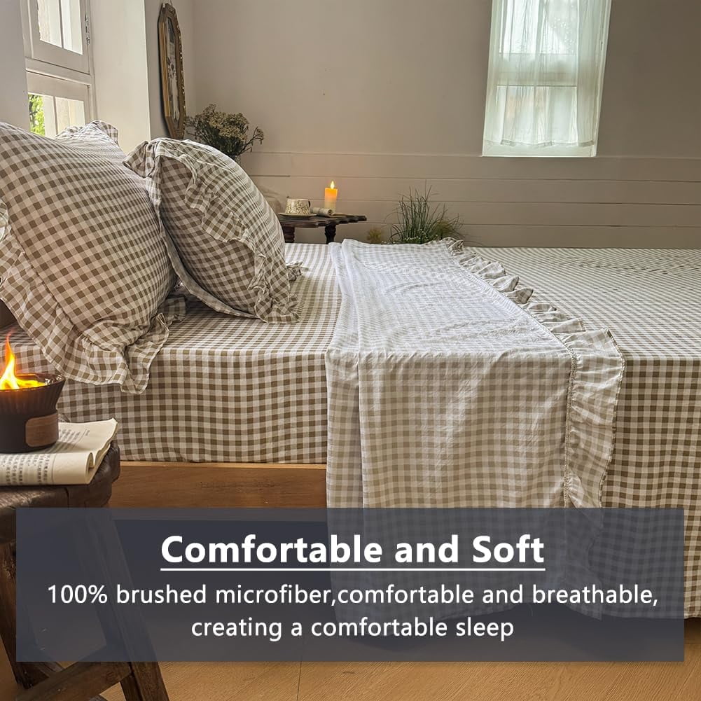 Wrinkle-Resistant Tan Gingham Ruffle Queen Sheet Set, Taupe Soft Pre-Washed Microfiber Plaid Ruffled Queen Bed Sheets, 4-Pieces Farmhou... - Premium Ultra-Soft Pillowcase Pair for Sleeping Detail