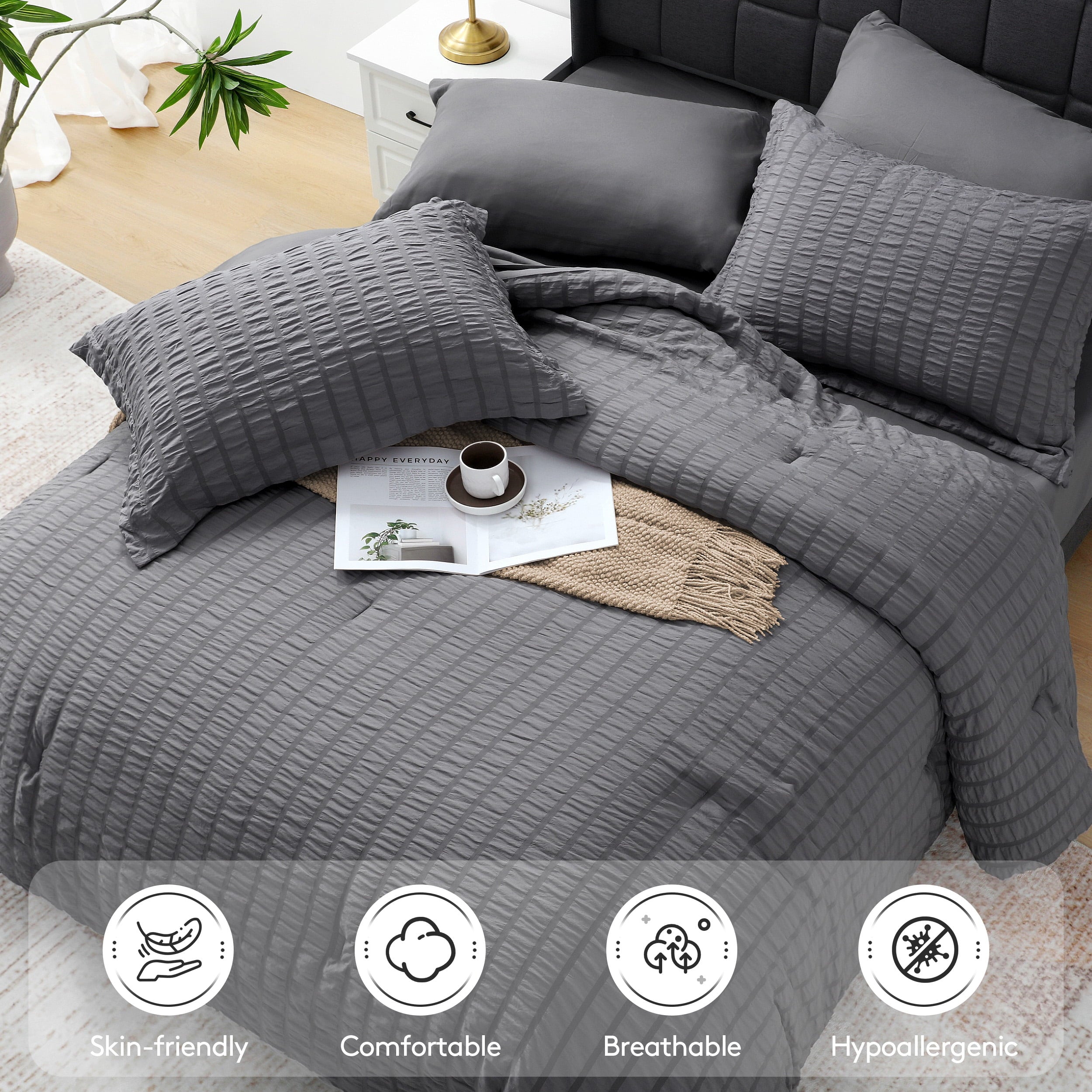 Fluffy Down Alternative 7 Piece Queen Comforter Set, Bed in a Bag with Sheets, Pillowcases & Shams, All Season Soft Bedding, Cozy and Lightwe... - Luxurious Quilted Duvet Cover Set Detail