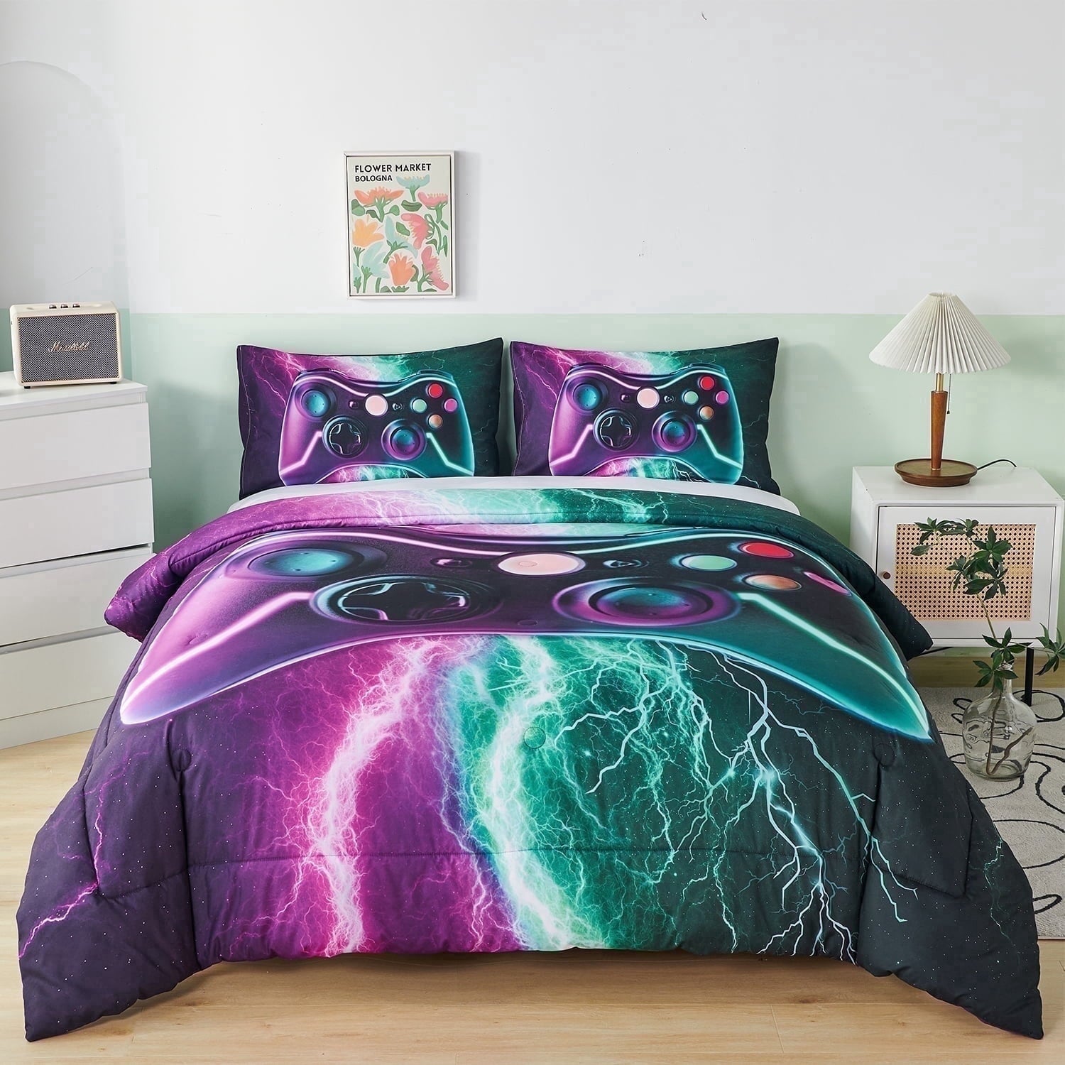 Fluffy Down Alternative Queen Size Gaming Comforter Set for Boys,3-Piece 3D Green Purple Lightning Game Controller Bedding Set for Kids Teens - Luxurious Quilted Duvet Cover Set Detail