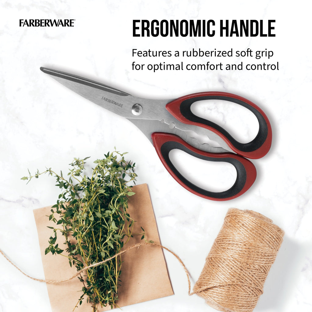 Premium Kitchen Stainless Steel Kitchen and Herb Shears with Red and Black Handle - Premium Stainless Steel Garlic Presser & Peeler Detail