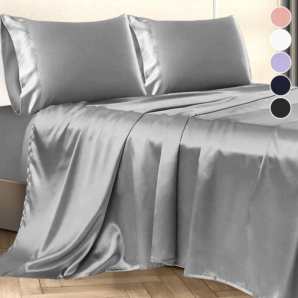 Ultra-Soft Twin Silk Gray Bed Sheet Set Deep Pocket Bed Flat Fitted Sheet, 3-Pieces - Luxury Bed Sheet Set with Deep Pockets Detail