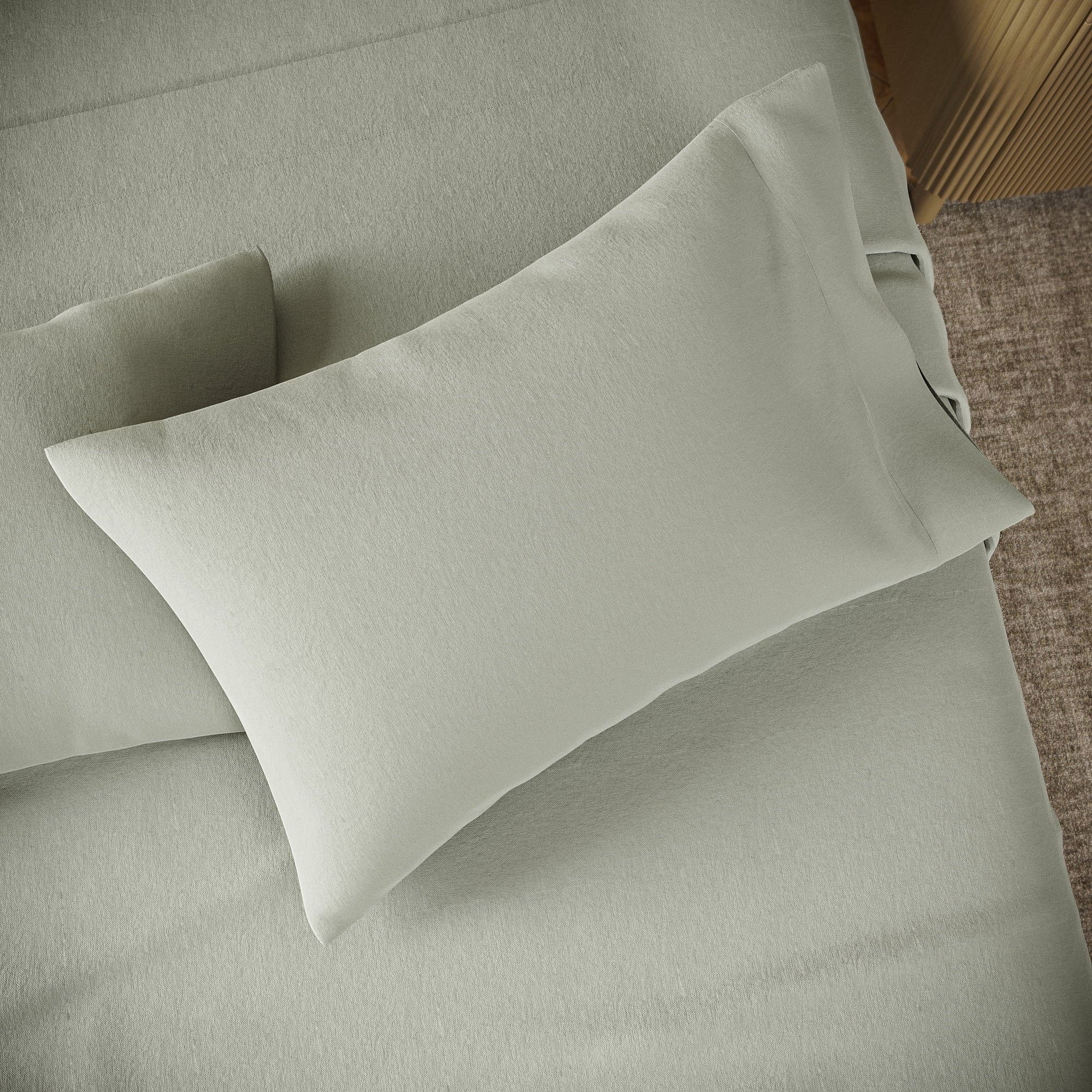 Cooling Sateen Solid 4-Piece 100% Cotton Washed Percale Sage Green Sheet Set, Full - Premium Ultra-Soft Pillowcase Pair for Sleeping Detail