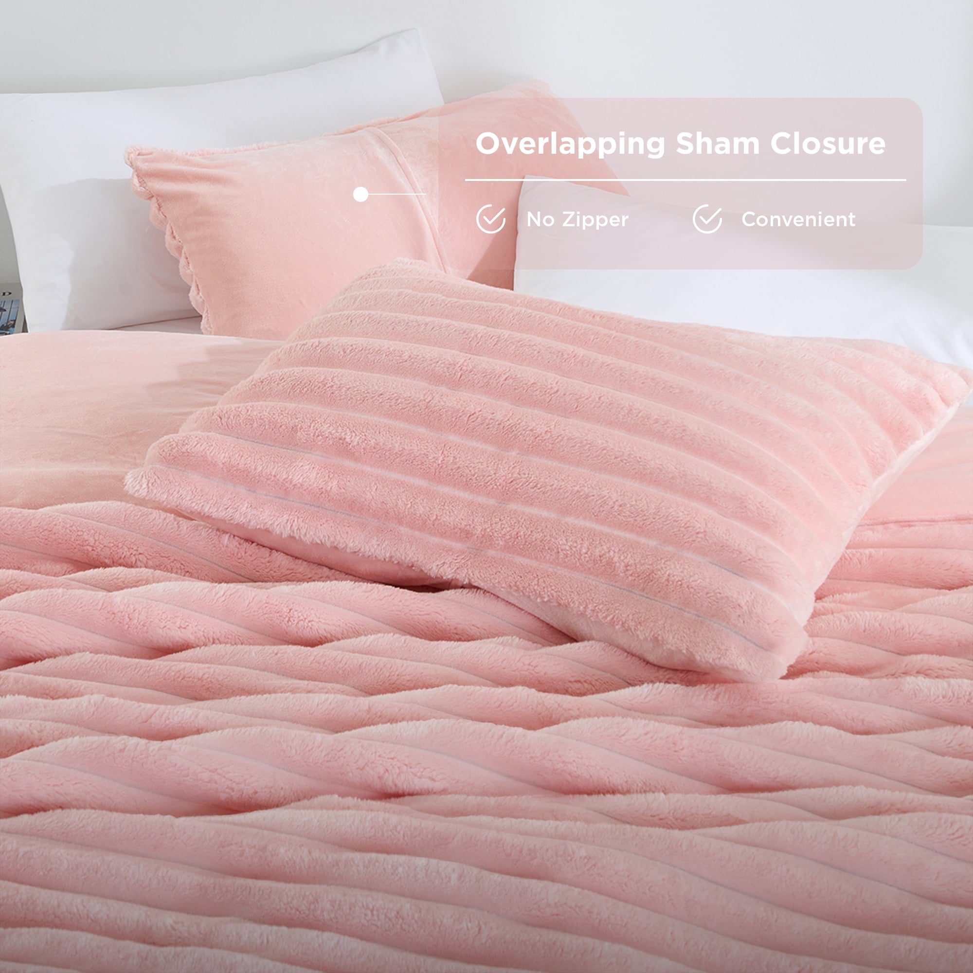 All-Season Full/Queen Size Comforter Set, Fluffy Ribbed Plush Comforter Set, 3-Piece Bedding Set, Pink - Cloud-Like Soft Lightweight Bed Comforter Detail