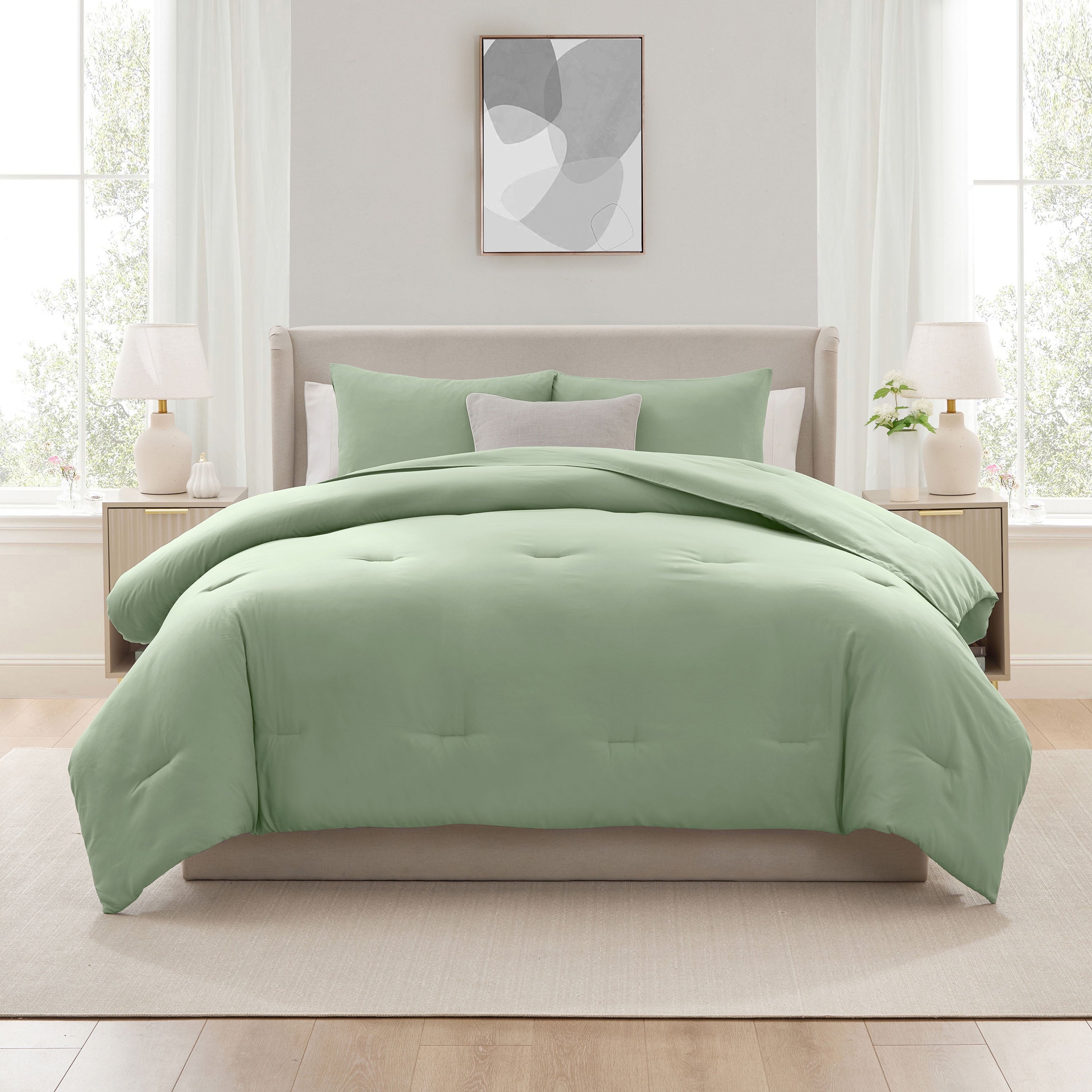Luxurious Quilted Comforter Sets, All Season Lightweight Solid Queen Comforter Set, 3-Pc Bedding Sets, Sage Green - Hypoallergenic Ultra-Fluffy Quilt for Winter Detail