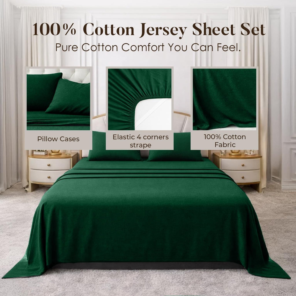 Cooling Sateen Bed Sheet Set Twin 3 Piece Hunter Green Breathable Soft Cotton Jersey Sheets with Deep Pockets, Unisex - Premium Ultra-Soft Pillowcase Pair for Sleeping Detail