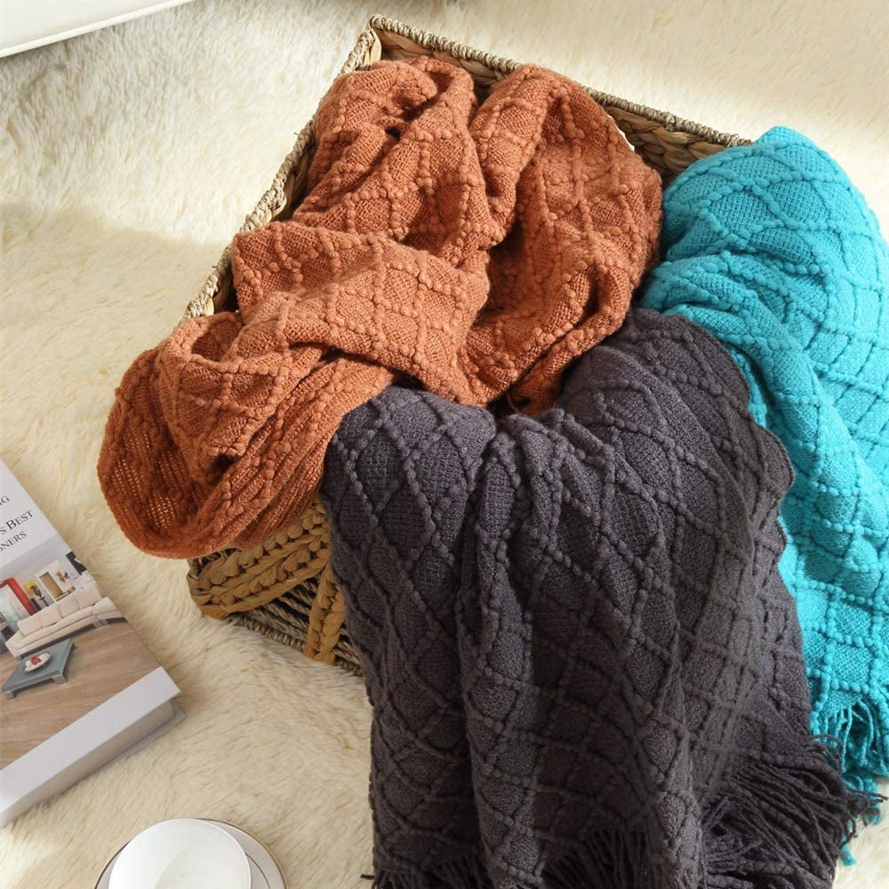 Decorative Knitted Home Decor Rustic Couch Sofa Chair Bed Throw Blanket, Soft Warm Light Weight in Spring Summer (50''X60'' Brown) - Luxury Knitted Decorative Throw Blanket with Fringes Detail