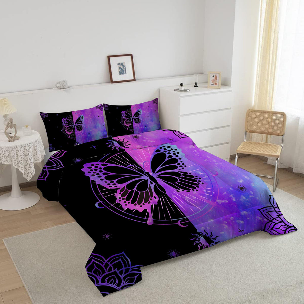 All-Season Butterfly Comforter Set Full Size for Girls Kids Teens Black Blue Purple Tie Dye Bedding Set 3 Pieces - Luxurious Quilted Duvet Cover Set Detail