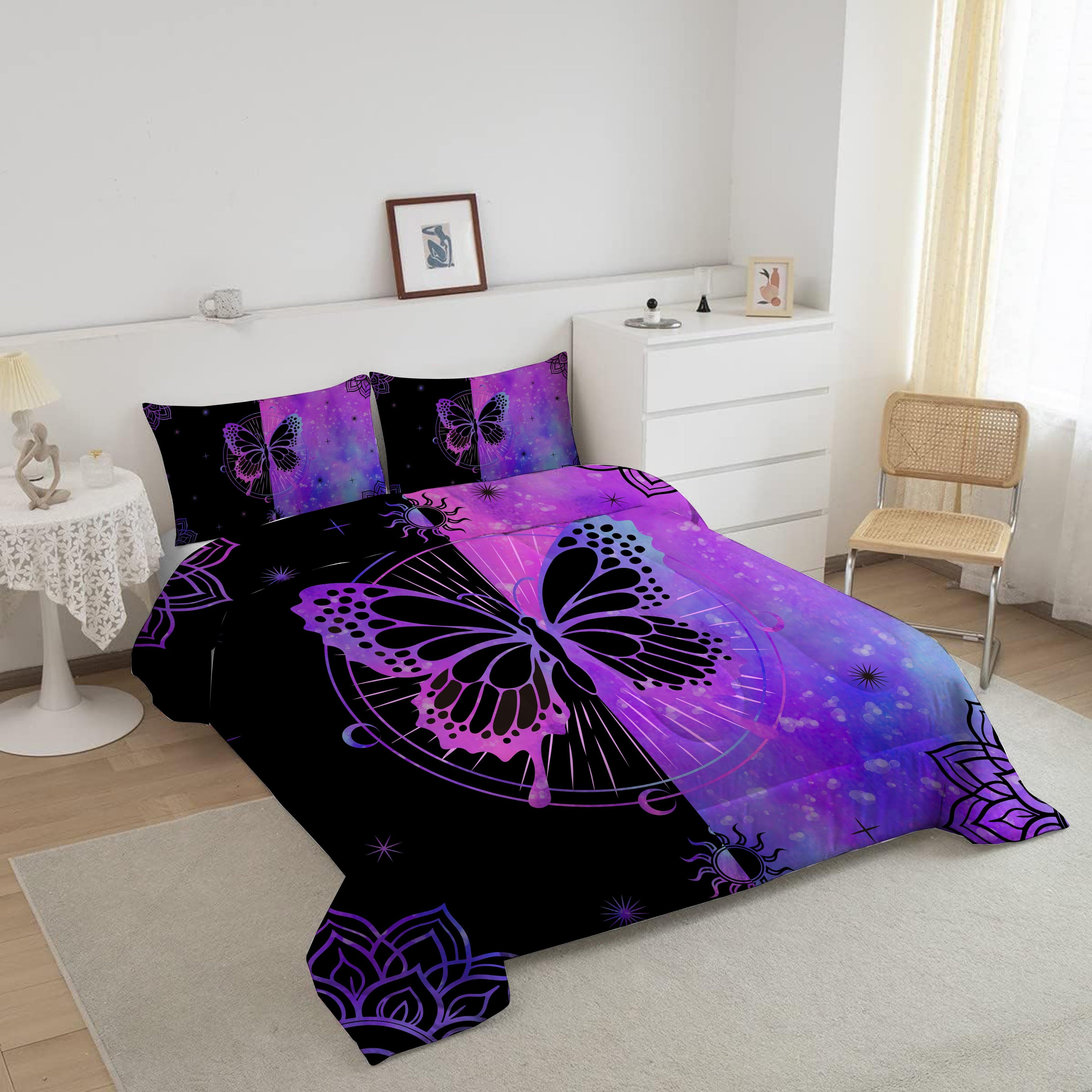 All-Season Butterfly Comforter Set Full Size for Girls Kids Teens Black Blue Purple Tie Dye Bedding Set 3 Pieces - Luxurious Quilted Duvet Cover Set Detail