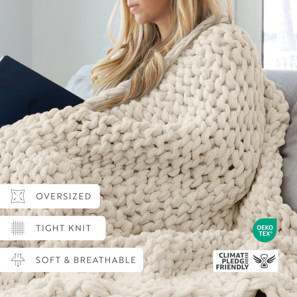 Cozy Fleece Soft & Cozy Chunky Hand-Knit Throw Blanket, Ivory - Luxury Knitted Decorative Throw Blanket with Fringes Detail