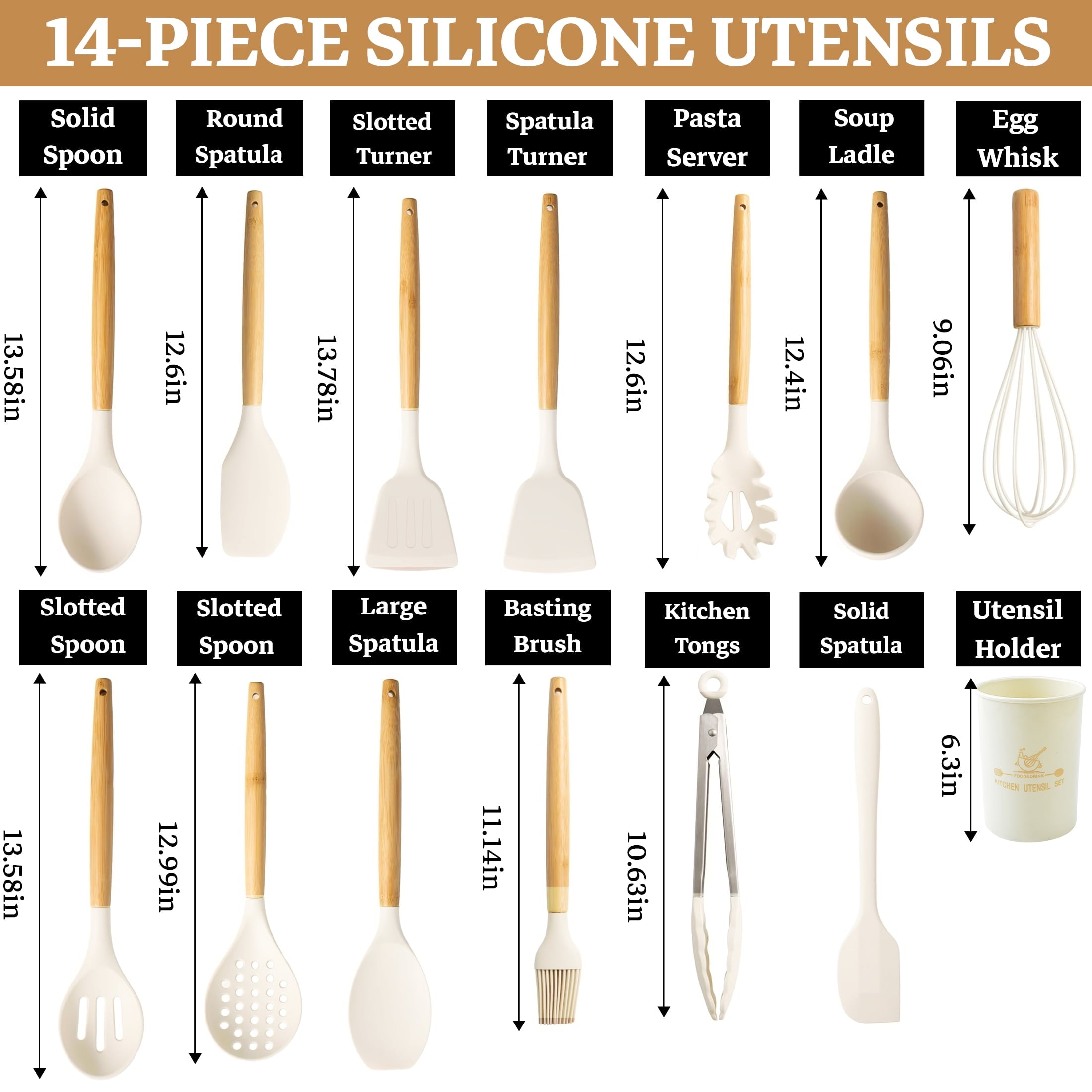 Seamless One-Piece 14-Piece Silicone Cooking Utensils Set, Non-Stick Kitchen Utensil Set for Baking, Flipping, Mixing, White - Premium Stainless Steel Cooking Utensil for Non-Stick Pots Detail