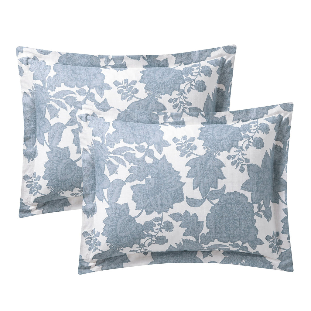 Luxurious Quilted Veronica 3-Piece Blue Floral Cotton Slub Comforter Set, King - Cloud-Like Soft Lightweight Bed Comforter Detail