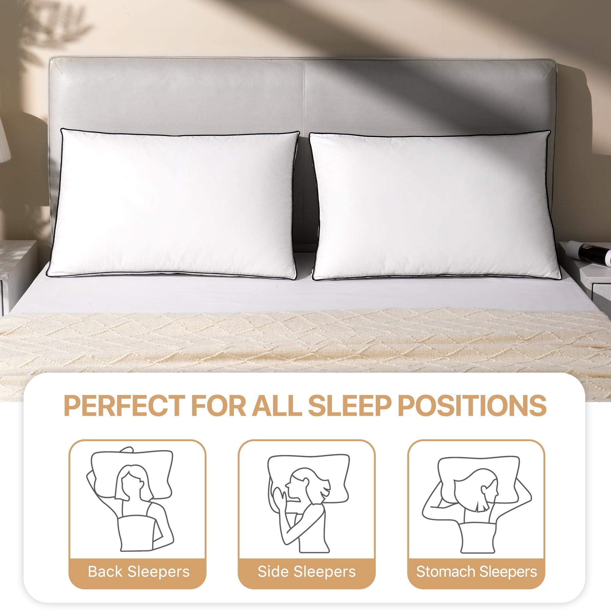 Orthopedic Support Gusseted Feather Down Pillow Set of 2, Medium Firm Hotel Bed Pillows 2 Pack, Queen Size for Side Sleepers, 20 x 30 in - Decorative Throw Pillow Cushion for Sofa & Bed Detail