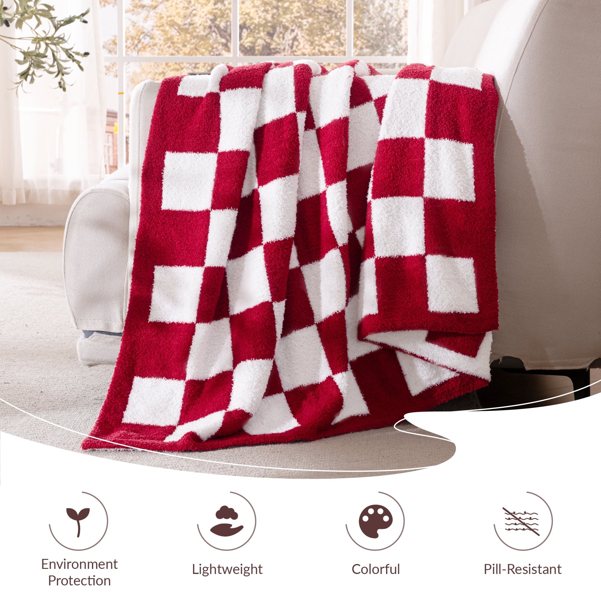Lightweight Warm Checkered Knit Throw Blanket, Ultra Soft Cozy Fluffy Checkerboard Blankets, Lightweight Fuzzy Plush Throw for Couch a... - Super Soft Reversible Sherpa Flannel Blanket Detail