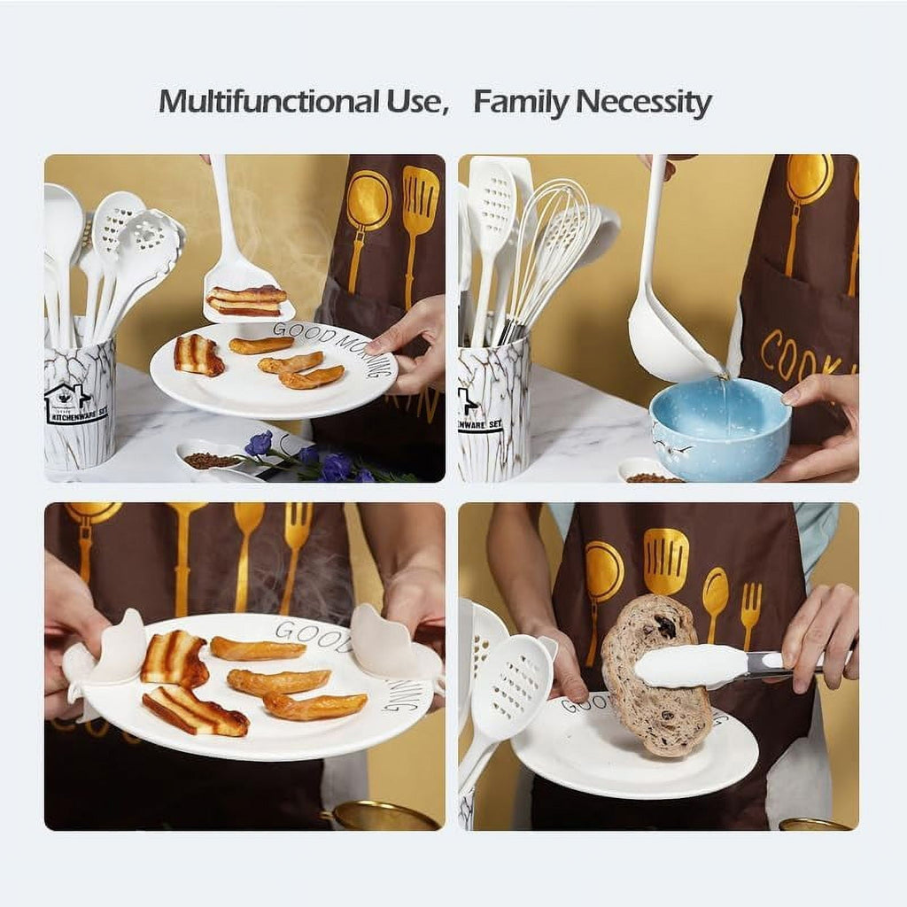Premium Silicone Silicone Cooking Utensils Set - 446°F Heat Resistant Kitchen Utensils,Turner Tongs,Spatula,Spoon,Brush,Whisk,Kitchen ... - Durable Turner & Ladle Utensil Set for Home Chefs Detail
