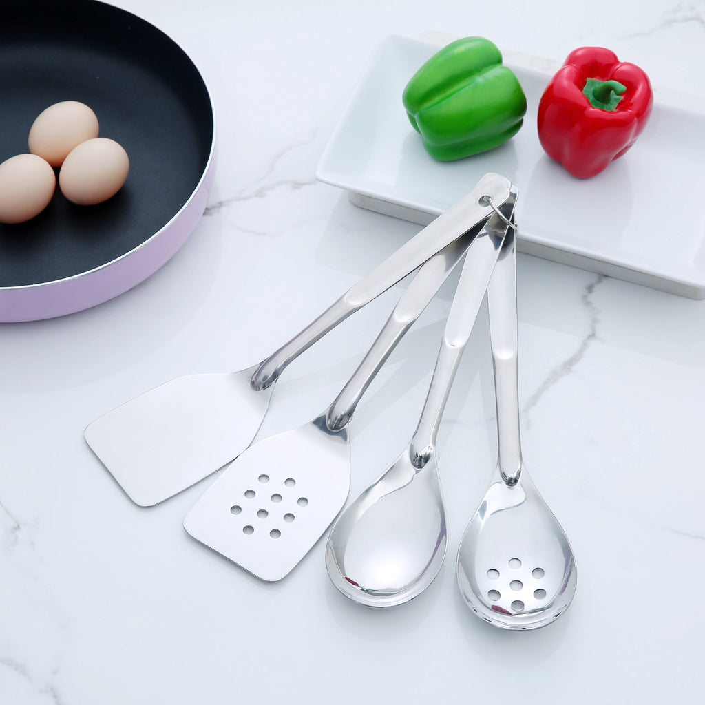 Durable Steel Stainless Steel 4-Piece Utensil Set: Includes Spatula, Slotted Spatula, Spoon, and Slotted Spoon - Heavy Duty Stainless Steel Kitchen Shears Detail