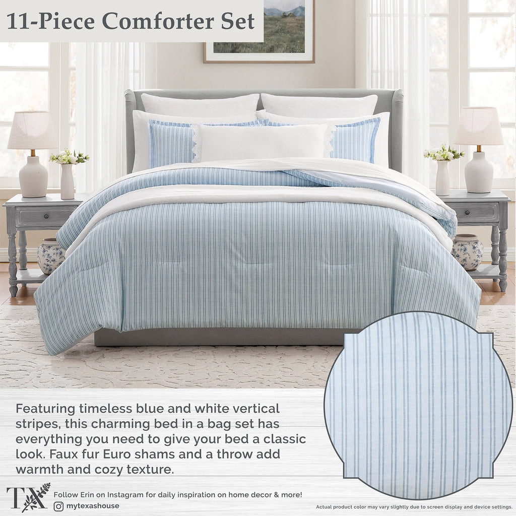 Luxurious Quilted Stripe 11-Piece Comforter Set with Sheets, Blue, Queen - Cloud-Like Soft Lightweight Bed Comforter Detail