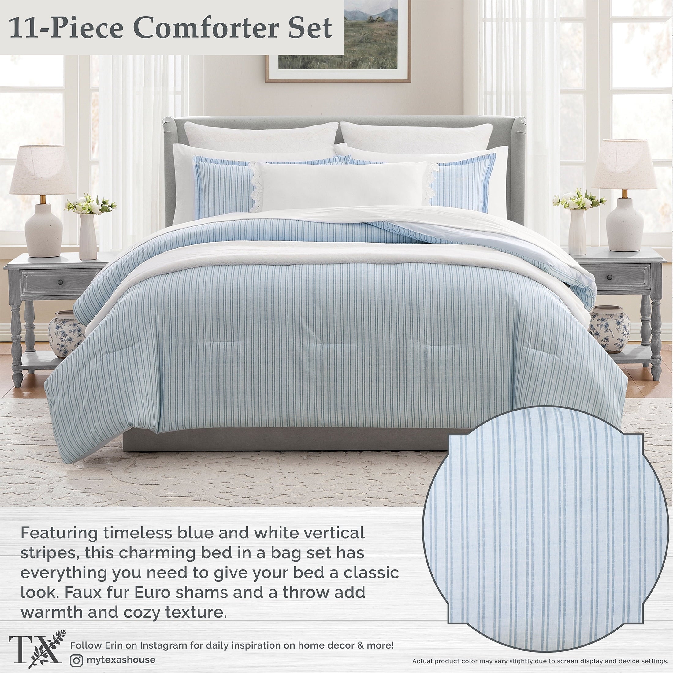 Luxurious Quilted Stripe 11-Piece Comforter Set with Sheets, Blue, Queen - Cloud-Like Soft Lightweight Bed Comforter Detail