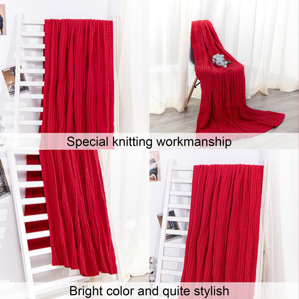 Lightweight Warm 100% Cotton Cable Knit Throw, Super Soft Warm Knitted Blanket Home Decor, 51"x67", Red - Lightweight Plush Warm Blanket for All Seasons Detail