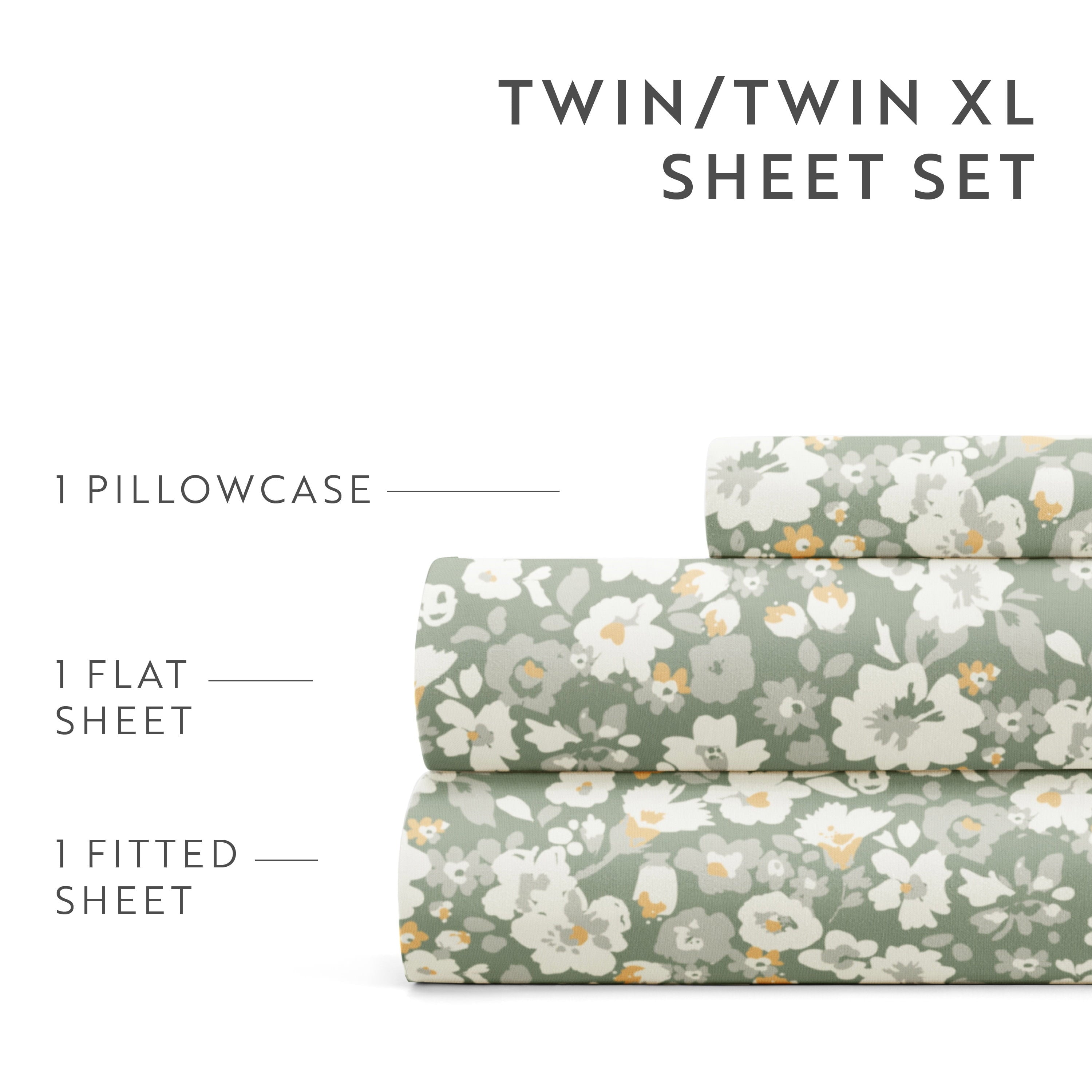 Premium Egyptian Cotton 4 Piece Pattern Microfiber Bed Sheets Set, Floral Dream Eucalyptus, Twin - Cooling Hotel Quality Bedding Sheets and Pillowcases Detail