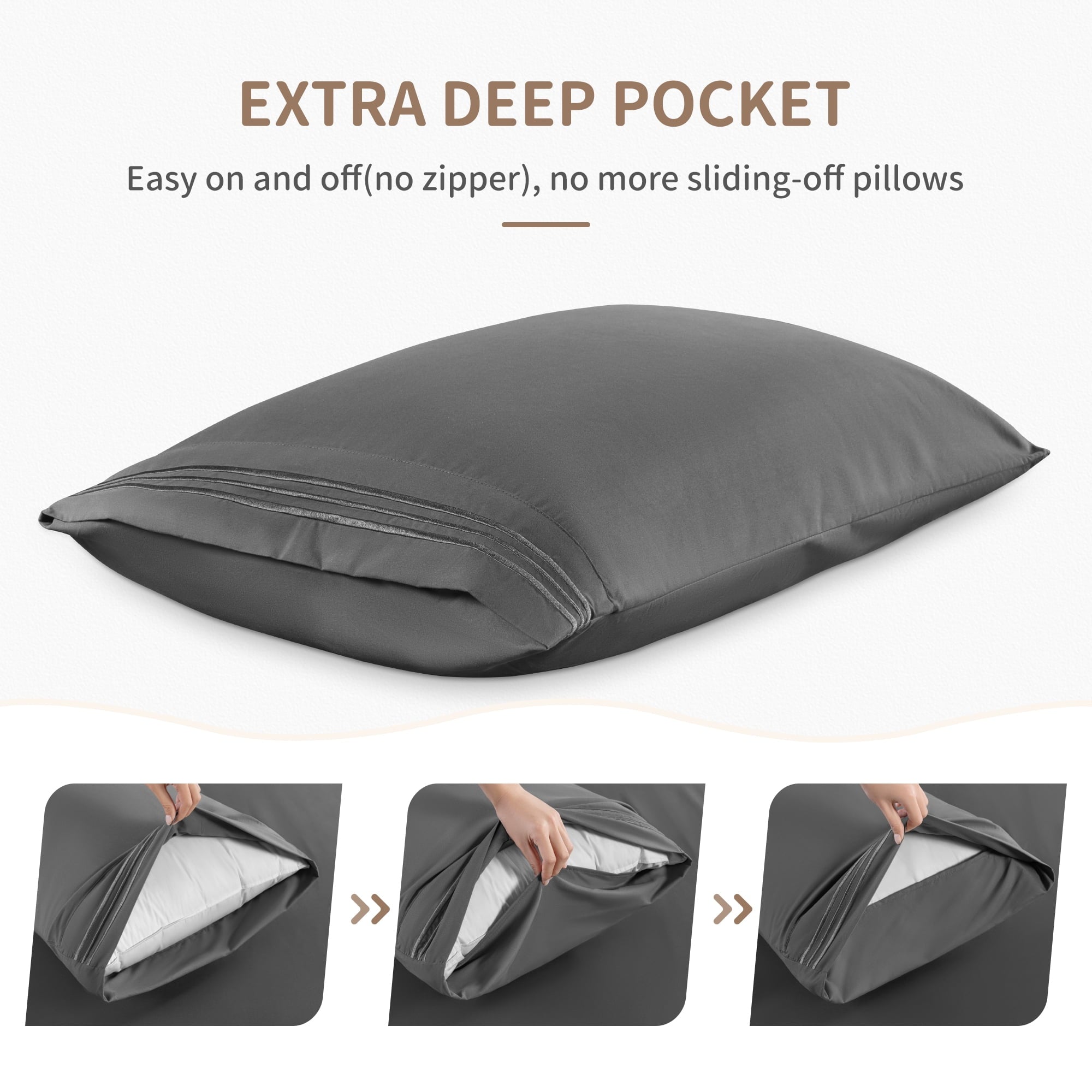 Cooling Sateen 6 Pieces Bed Sheet Set, 1800 Series Soft Microfiber Queen Sheets with 16" Deep Pocket, Dark Gray - Premium Ultra-Soft Pillowcase Pair for Sleeping Detail