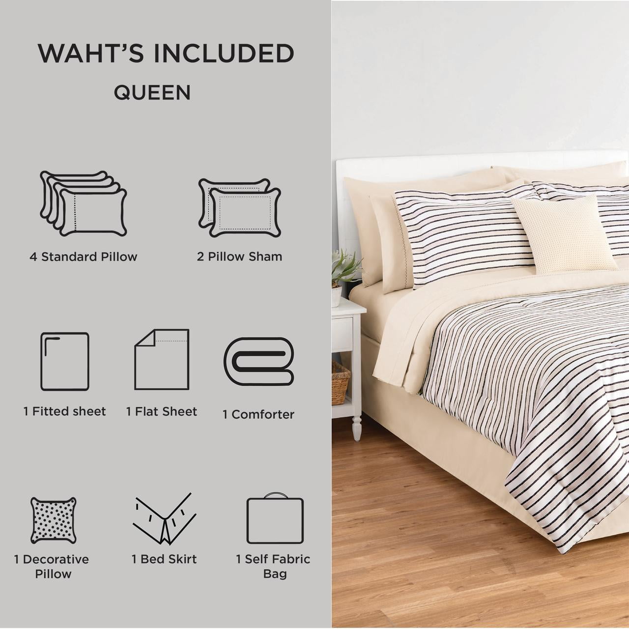 Heavyweight Warmth Soft Touch Bed in a Bag 11-Piece Reversible Tan & Black Striped Comforter Set with Sheets, Queen - Cloud-Like Soft Lightweight Bed Comforter Detail