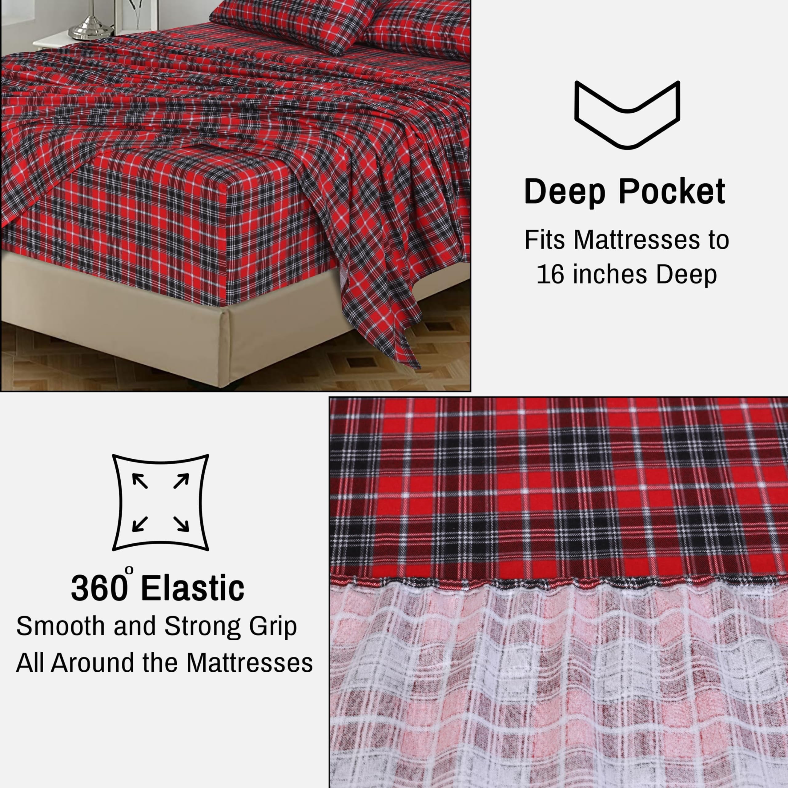 Wrinkle-Resistant Flannel Sheets Queen Size - 100% Cotton Double Brushed Bed Sheets, Deep Pockets 16 Inches Queen Sheet Set, All Season... - Premium Ultra-Soft Pillowcase Pair for Sleeping Detail