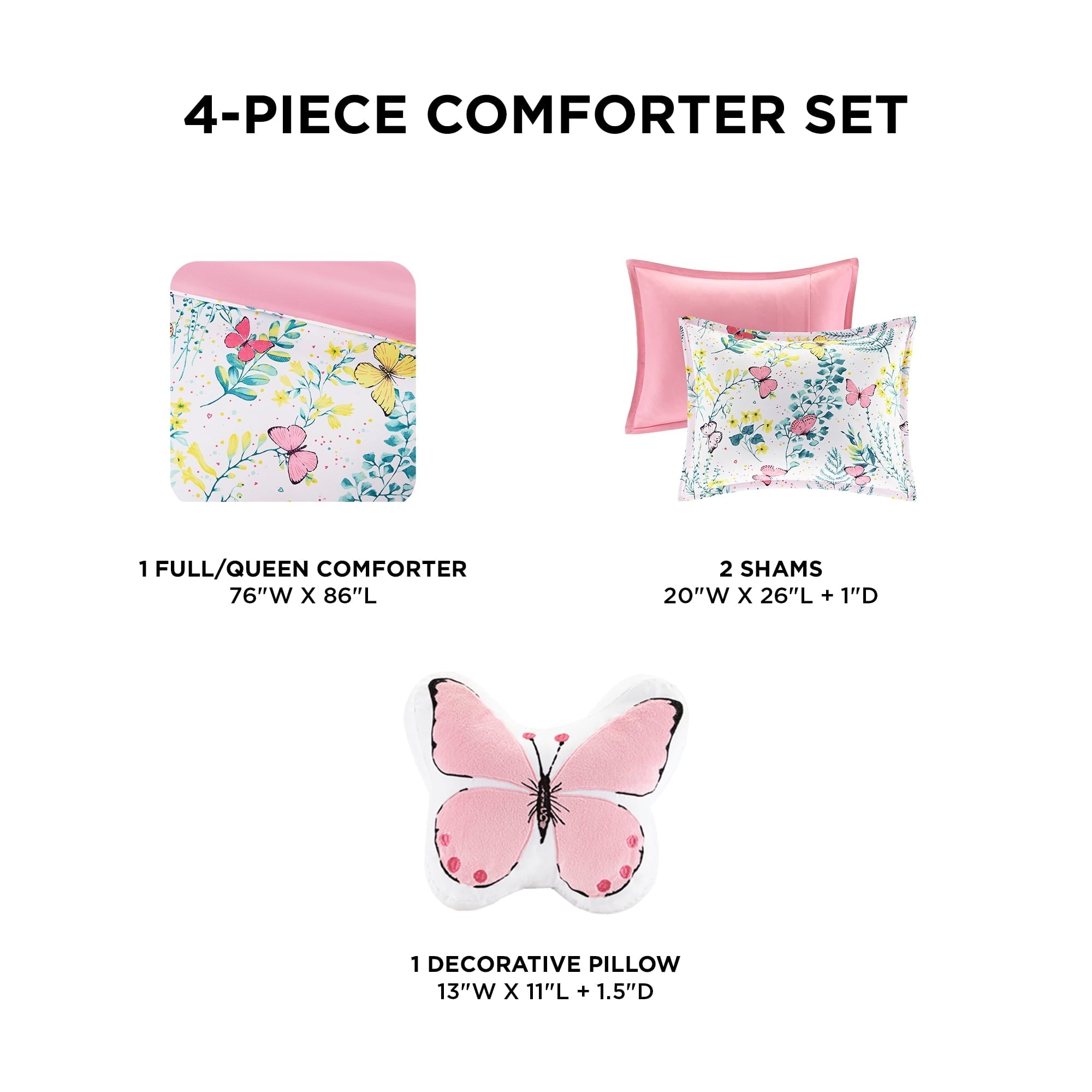 Hypoallergenic Cloud Full/Queen Size Comforter Sets, 4-Piece Kids Bedding Set for Girls, Butterfly Floral Comforter Bed Set, White/Pink - Luxurious Quilted Duvet Cover Set Detail