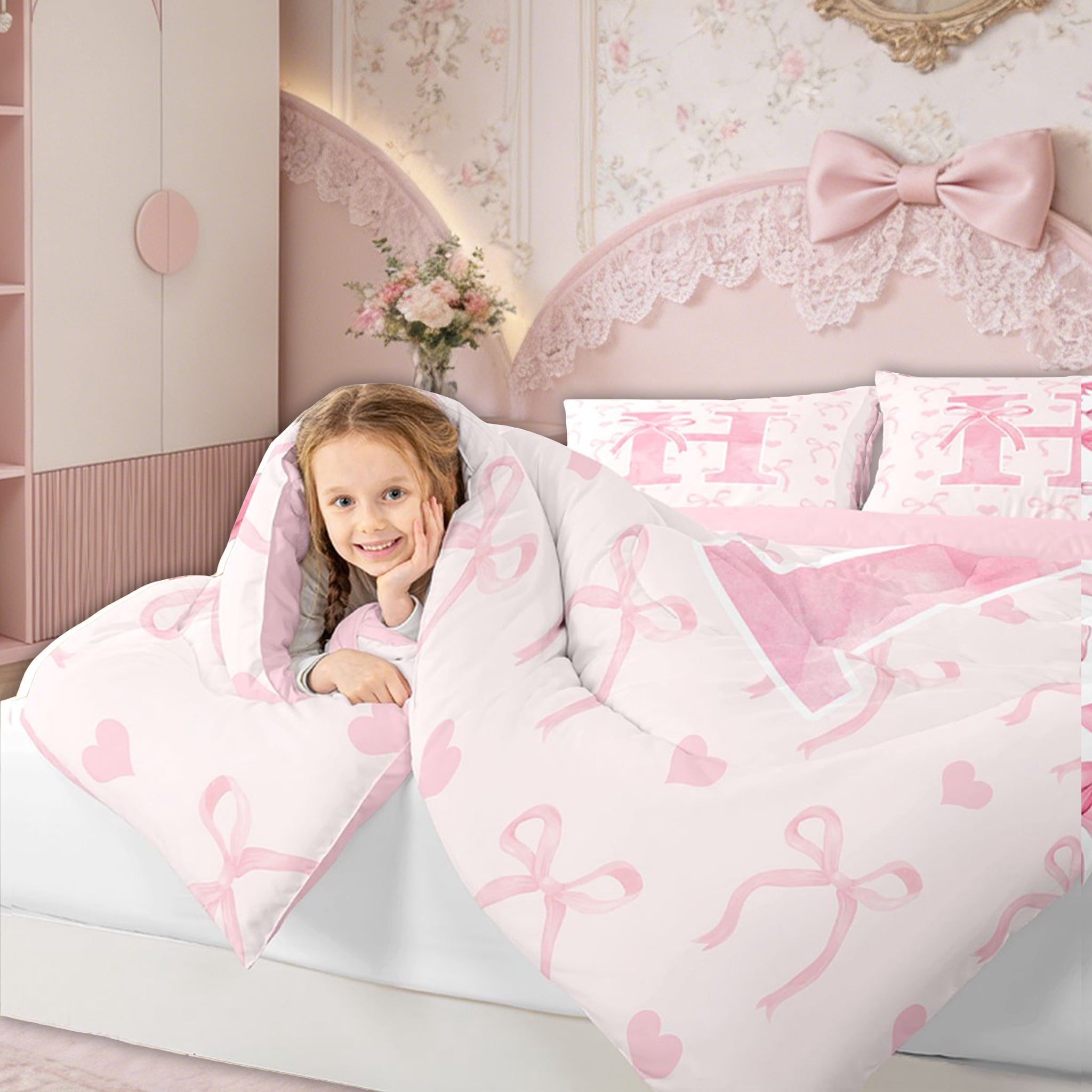 Heavyweight Warmth Kawaii Bowknot Bedding Sets Full with Comforter, Initial H Duvet Insert, Romantic Initial A-Z Decor, Reversible - Luxurious Quilted Duvet Cover Set Detail