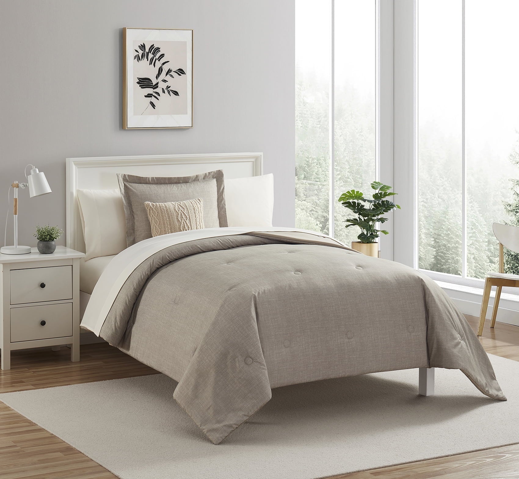 Fluffy Down Alternative 7 Piece Beige Bed in a Bag Comforter Set with Sheets, Twin-XL - Luxurious Quilted Duvet Cover Set Detail