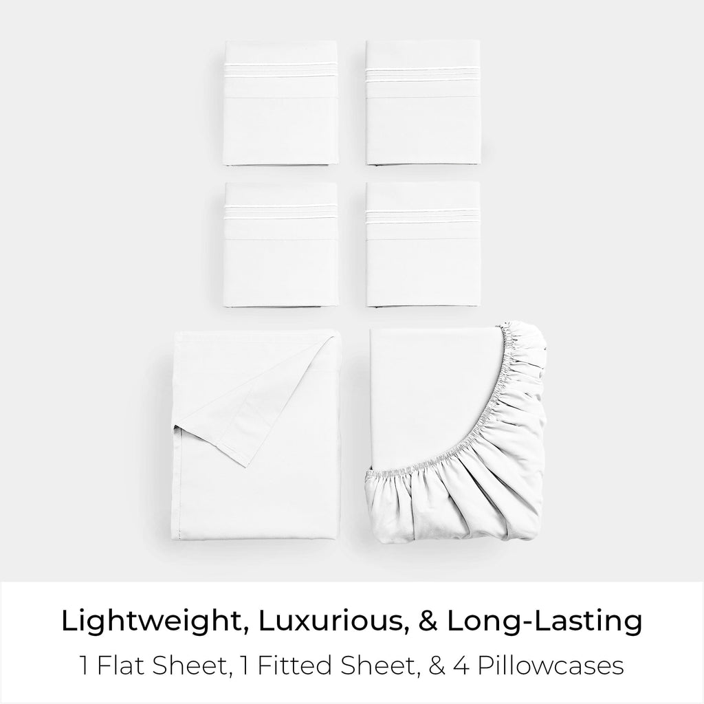 Wrinkle-Resistant Iconic 6 Piece Bed Sheet Set Brushed Microfiber, Deep Pocket, Queen, White - Premium Ultra-Soft Pillowcase Pair for Sleeping Detail