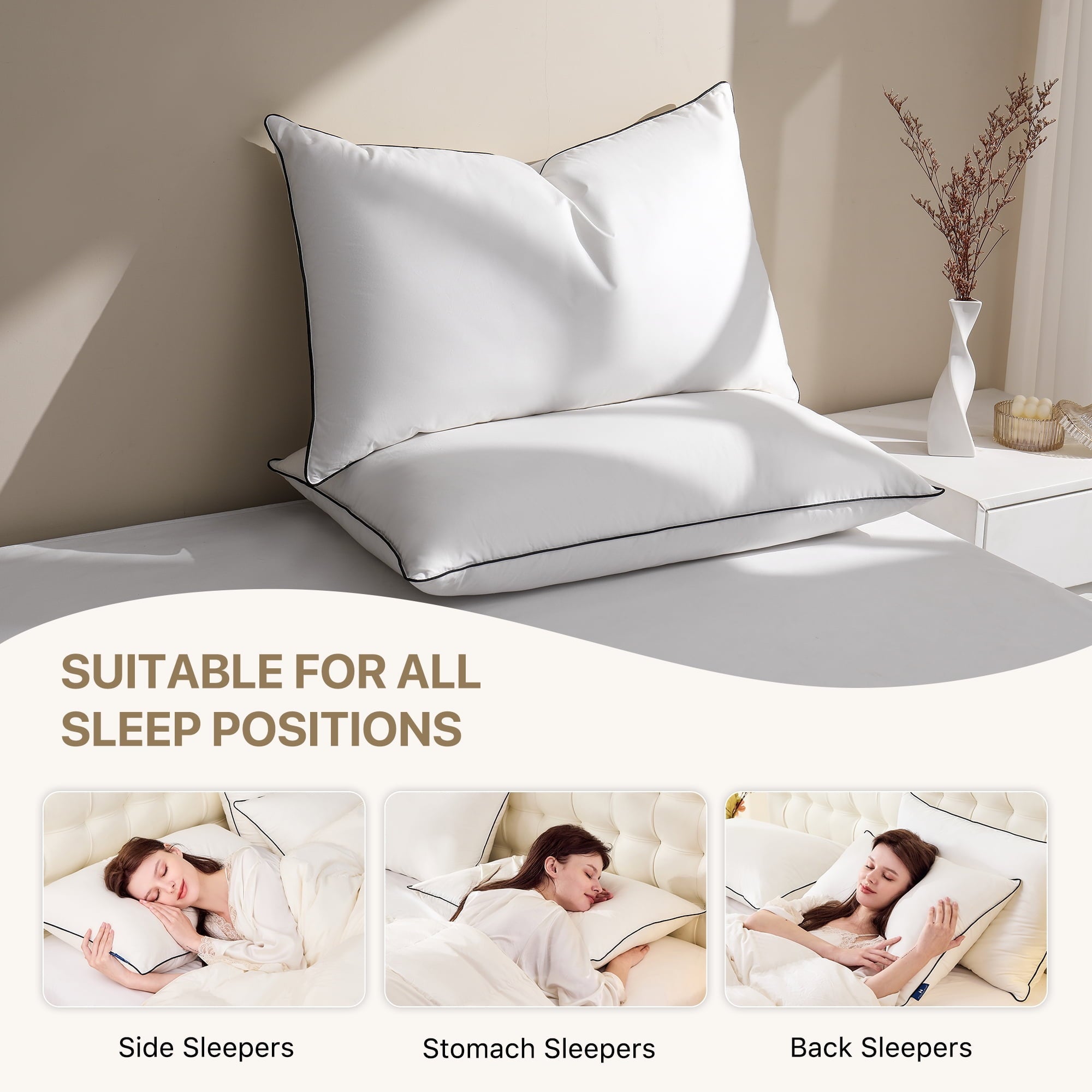 Fluffy Shredded Feather Down Pillows Set of 2, Medium Firm Hotel Bed Pillow 2 Pack, Queen Size, 20 x 30 in. - Hotel Quality Plush Sleeping Pillows Detail