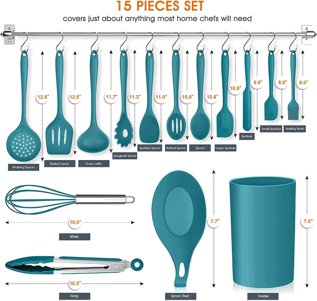 Ergonomic Cooking 15-Piece Kitchen Utensils Set, Silicone Cooking Utensils with Holder, Non-stick Cookware Friendly & Heat Resistant - ... - Durable Turner & Ladle Utensil Set for Home Chefs Detail