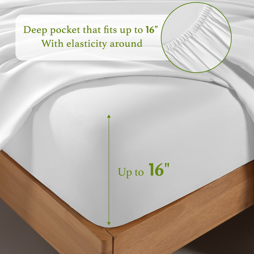 Breathable Luxury Bamboo Sheets Set, 4-Piece Queen Sheet Set with 16" Deep Pockets, Soft and Breathable Bed Sheets, White - Premium Ultra-Soft Pillowcase Pair for Sleeping Detail