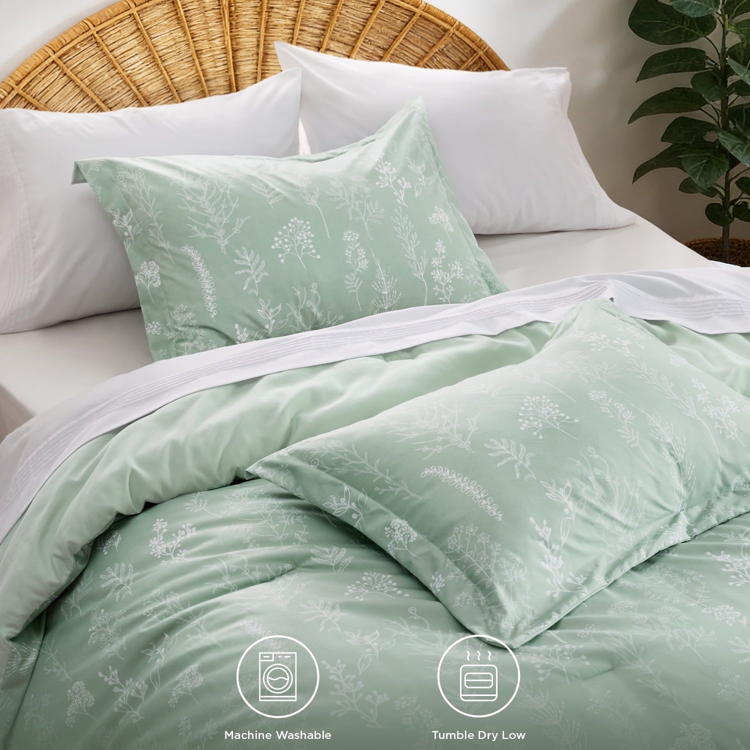 Heavyweight Warmth 3 Pieces Sage Green Floral Comforter Sets, 1 Botanical Flowers Reversible Comforter and 2 Pillow Shams, Queen Size Be... - All-Season Down Alternative Comforter Insert Detail